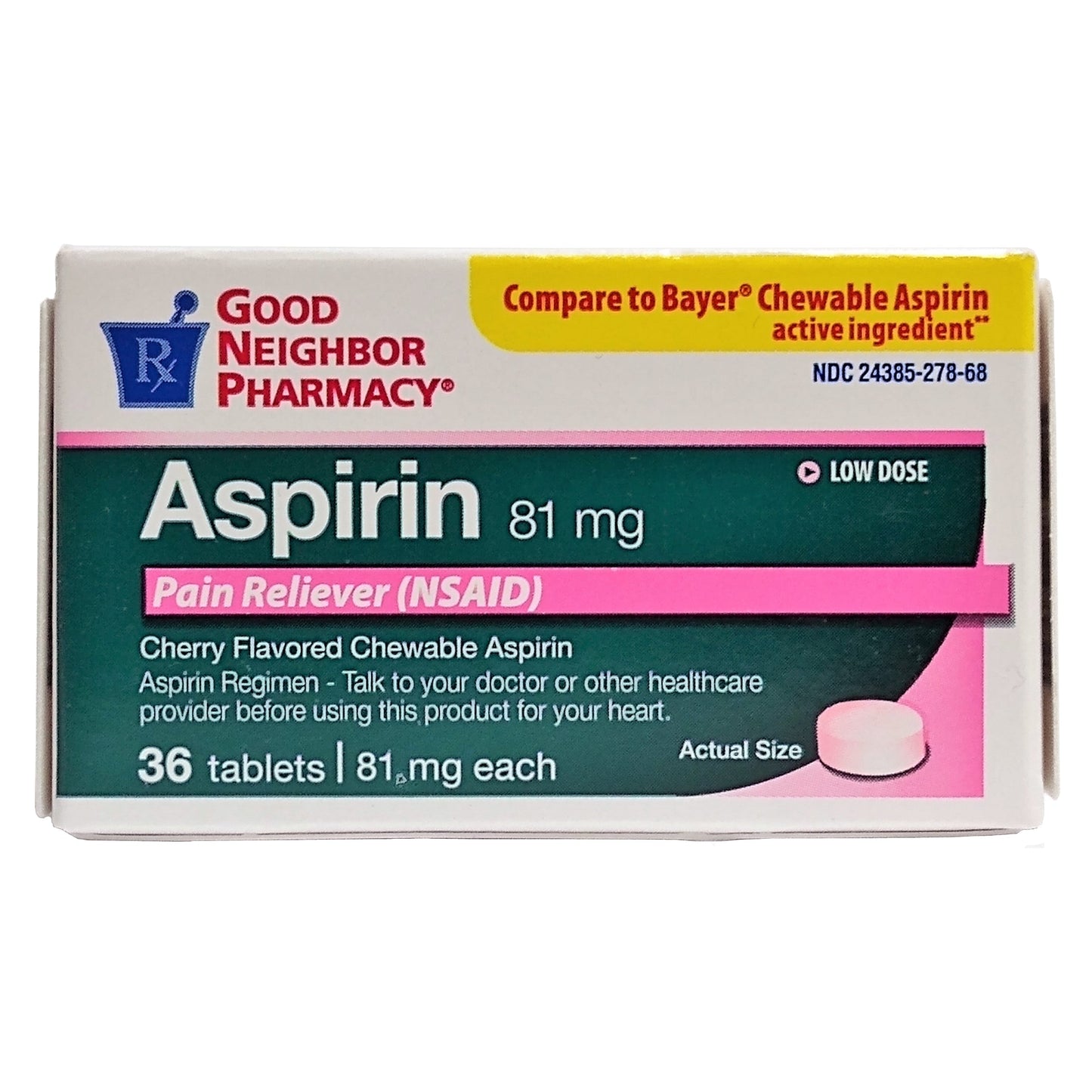 Perrigo GNP Aspirin 81mg Cherry Flavored Chewable, 36 Tablets