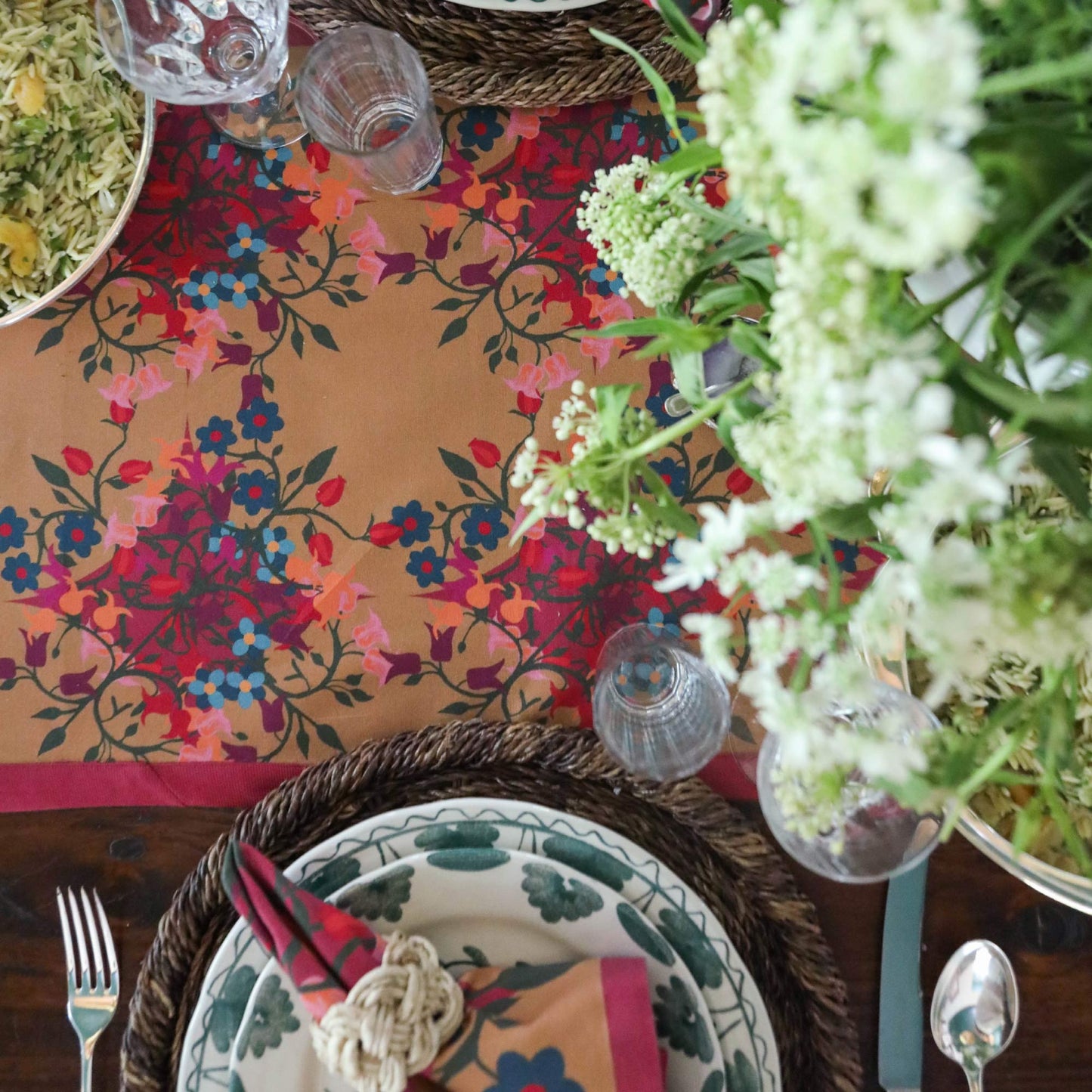 6 Round Placemats Blumen Orange/Bordeaux