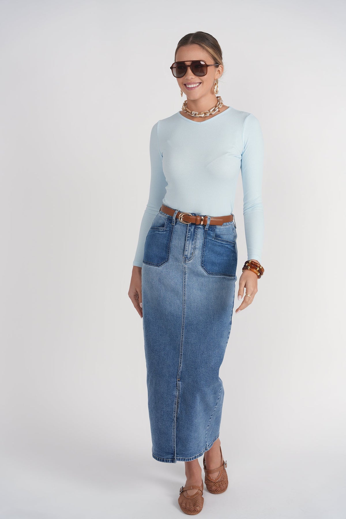 Long Sleeve Ribbed V Neck Tee- Sky