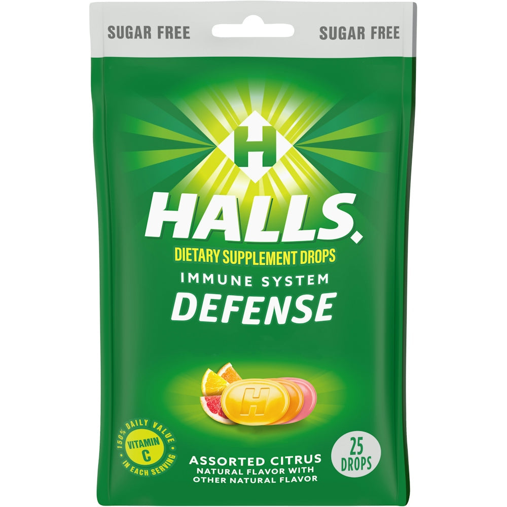 Halls Defense Sugar Free Assorted Citrus Vitamin C Dietary Supplement Drops