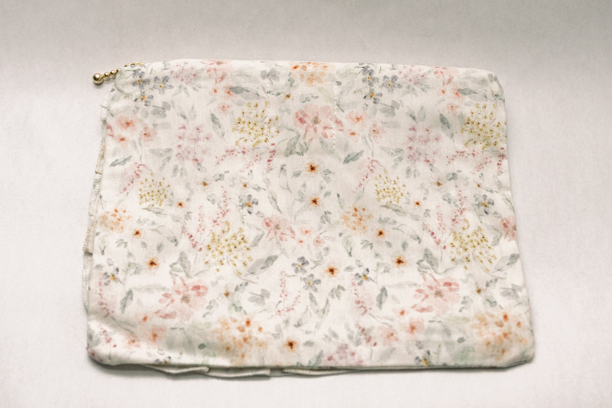 Dewdrop Meadow | Timeless Floral Ruffle Zipper Pouch | Recycled Cotton
