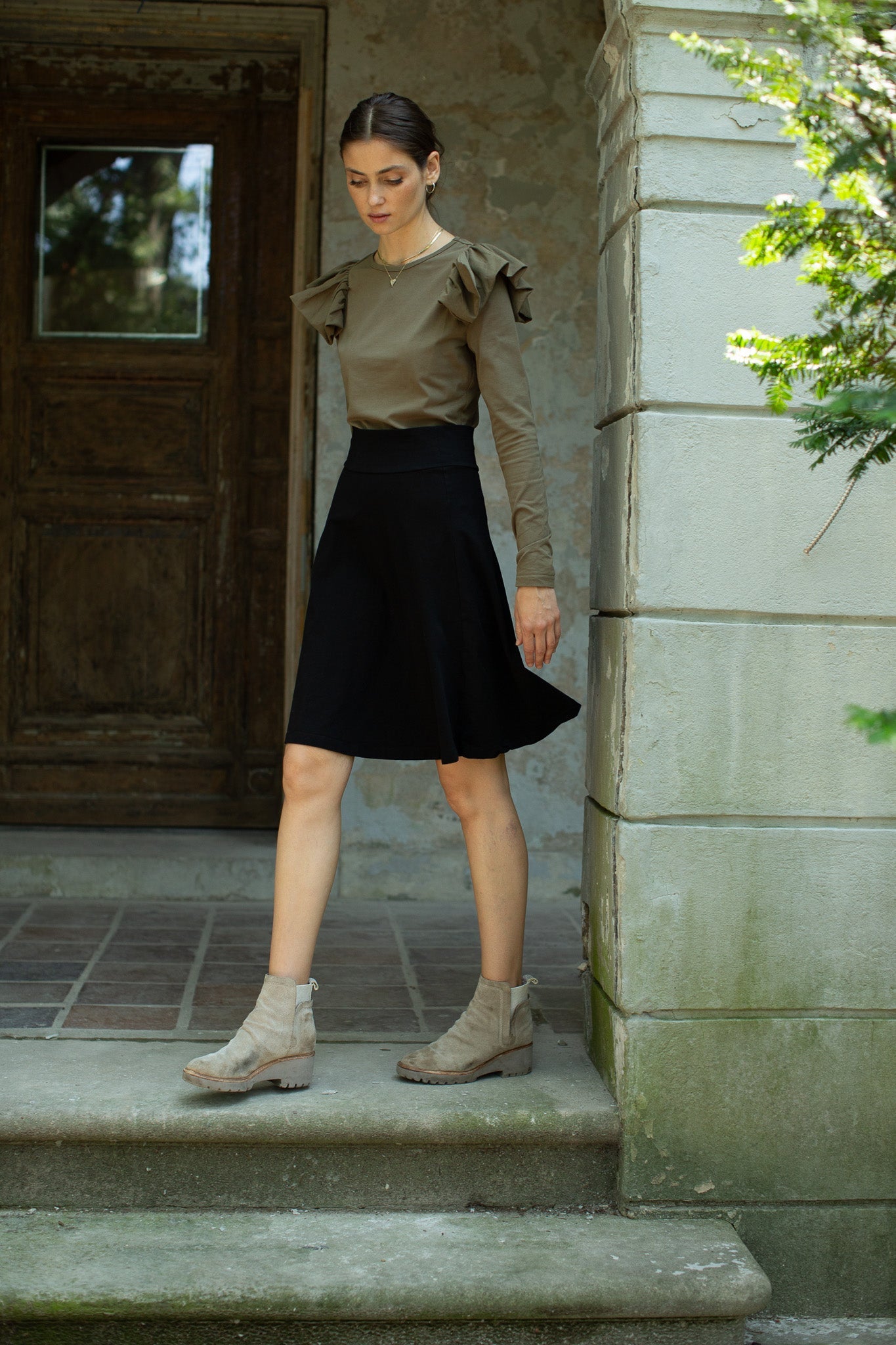 Ruffle Shoulder Long Sleeve Tee- Moss