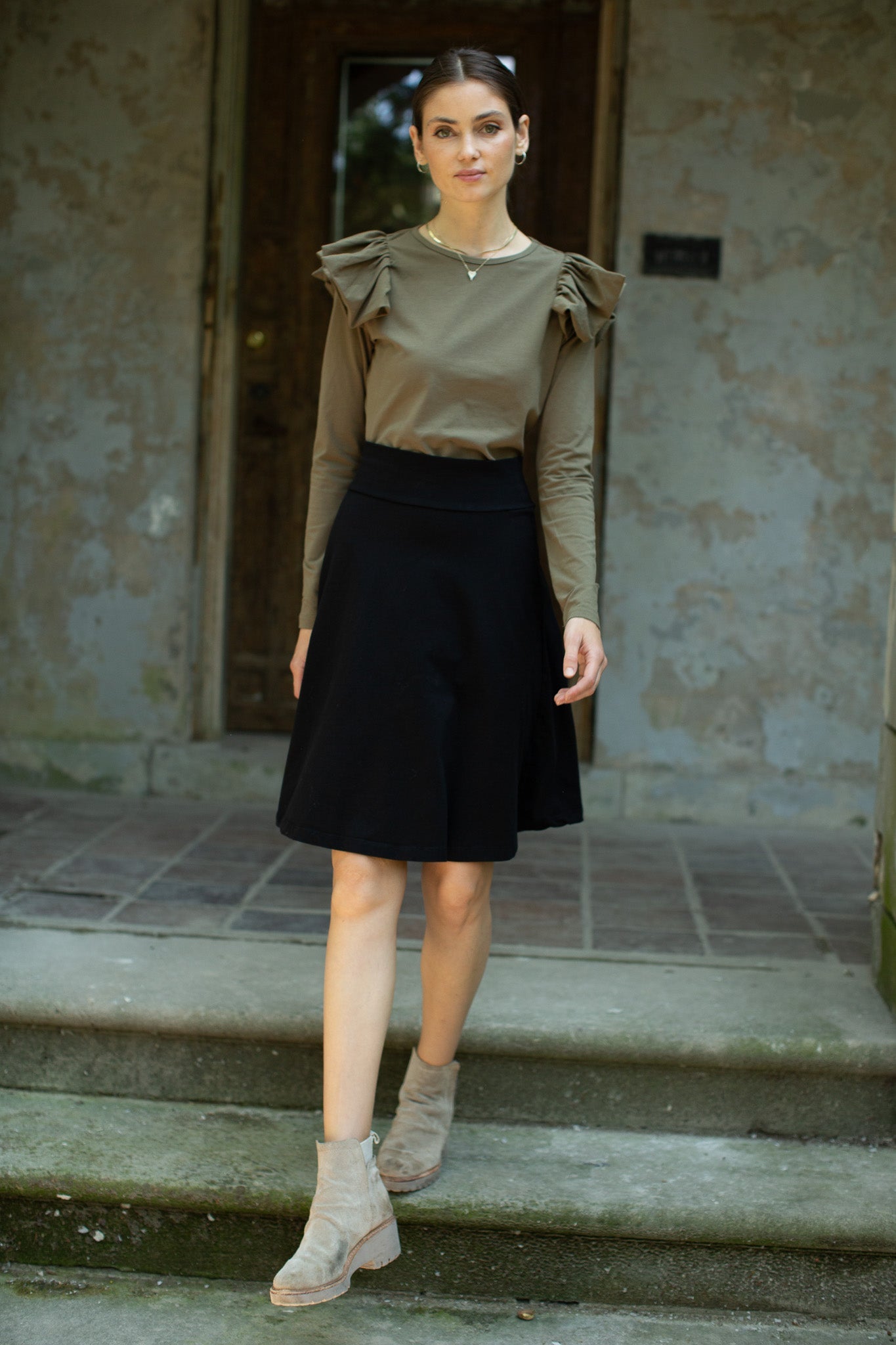 Ruffle Shoulder Long Sleeve Tee- Moss