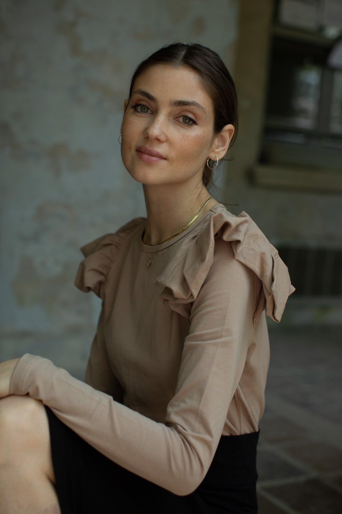 Ruffle Shoulder Long Sleeve Tee- Taupe