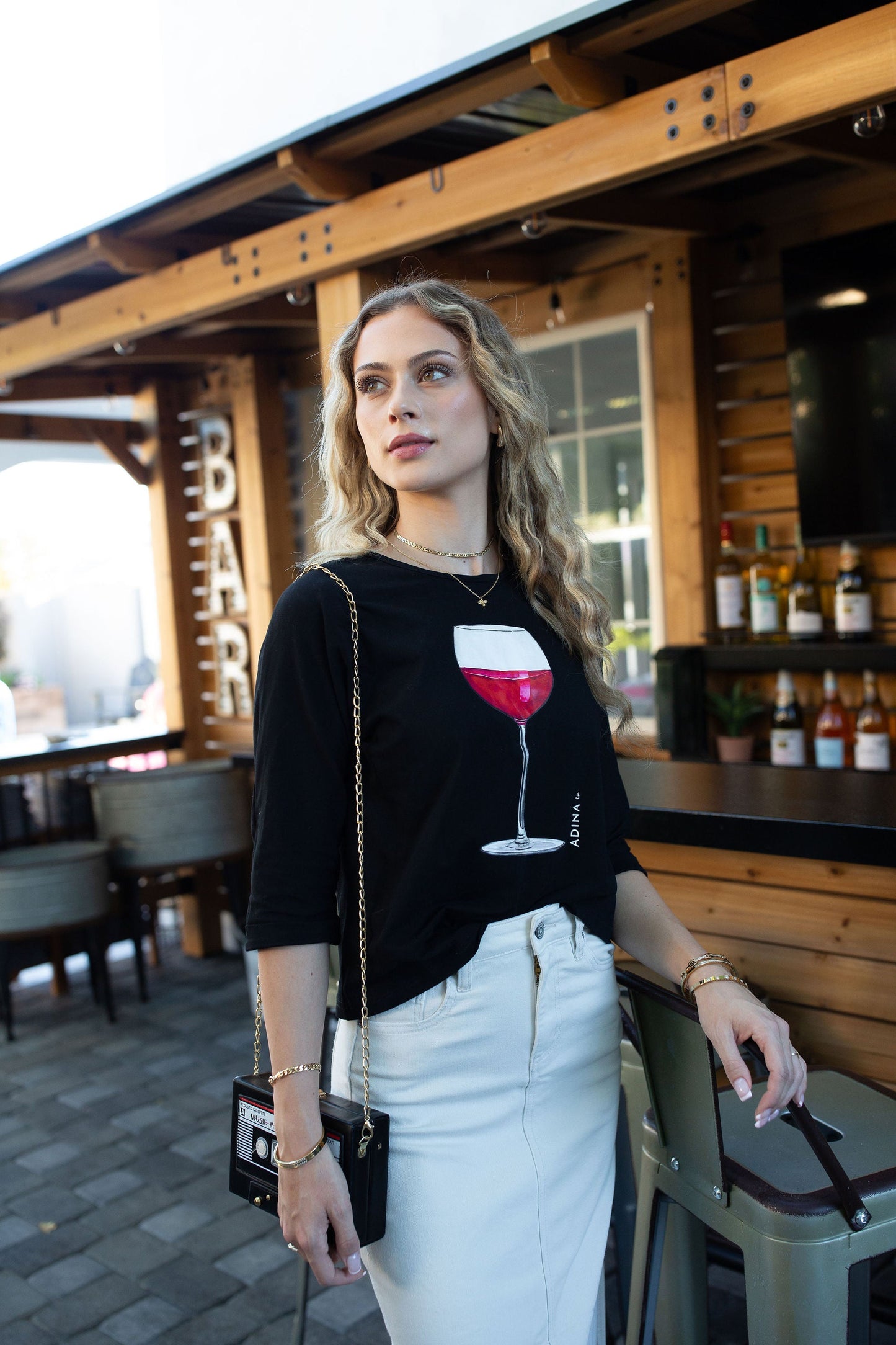 3/4 Sleeve Cotton Tee- Wine On Black