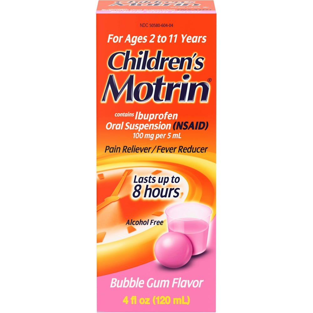 Children's Motrin Oral Suspension, Pain Reliever/Fever Reducer, Ibuprofen (NSAID), Bubble Gum Flavor, 4 Fl Oz