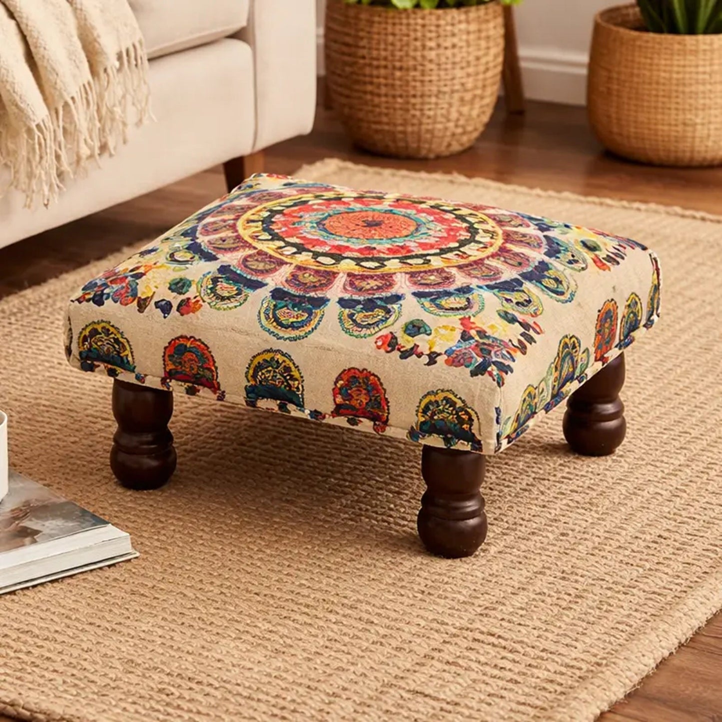 Mystic Mandala Foot Stool | Beige Cotton Fabric | 16 x 9"