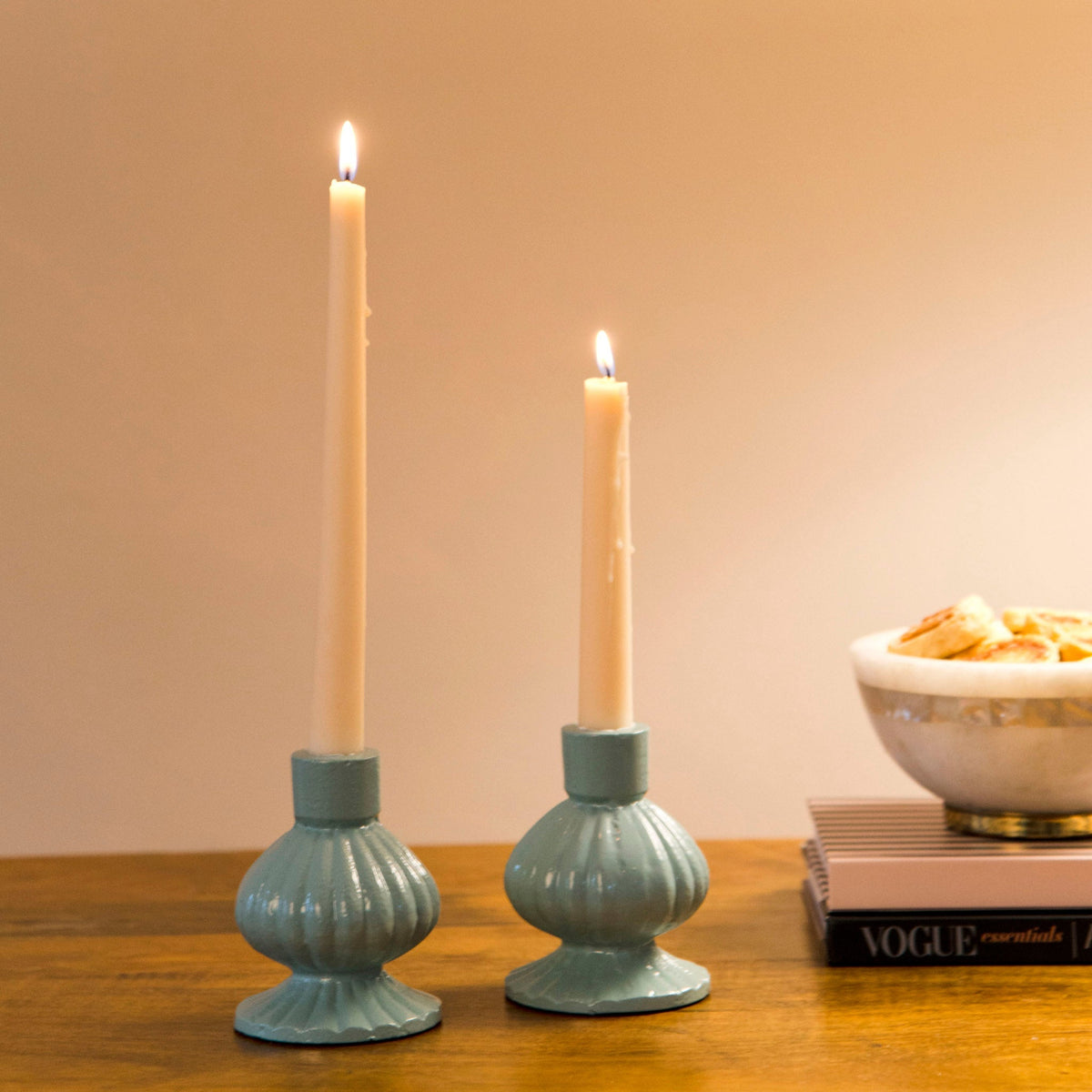 S/2 Sculpted Aluminum White Candlesticks