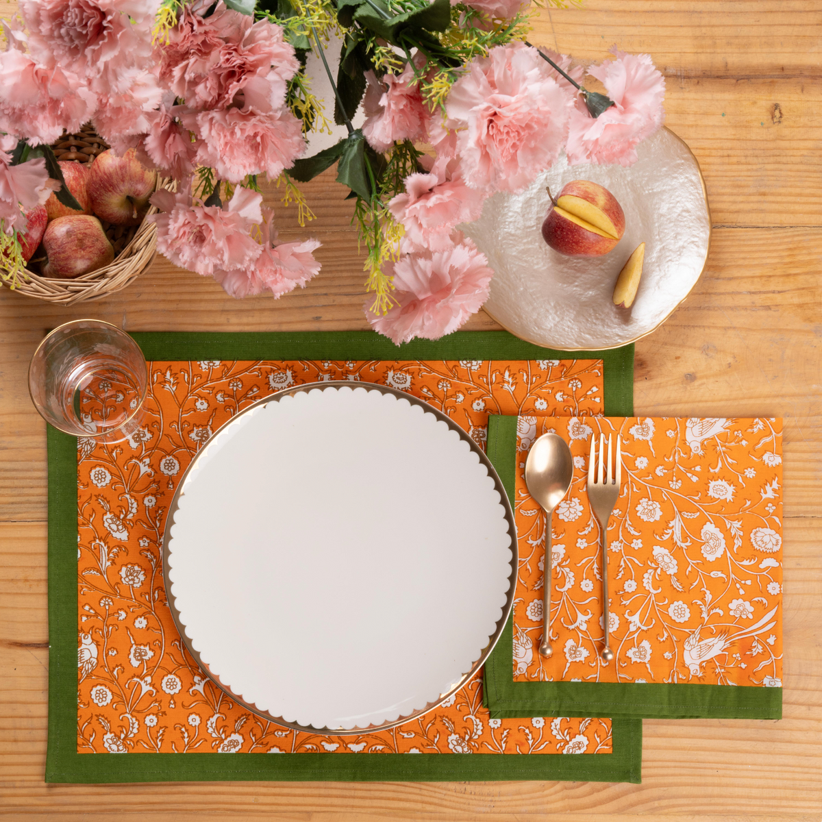 Birds of a Feather Orange Blockprint Placemat, Set of 2