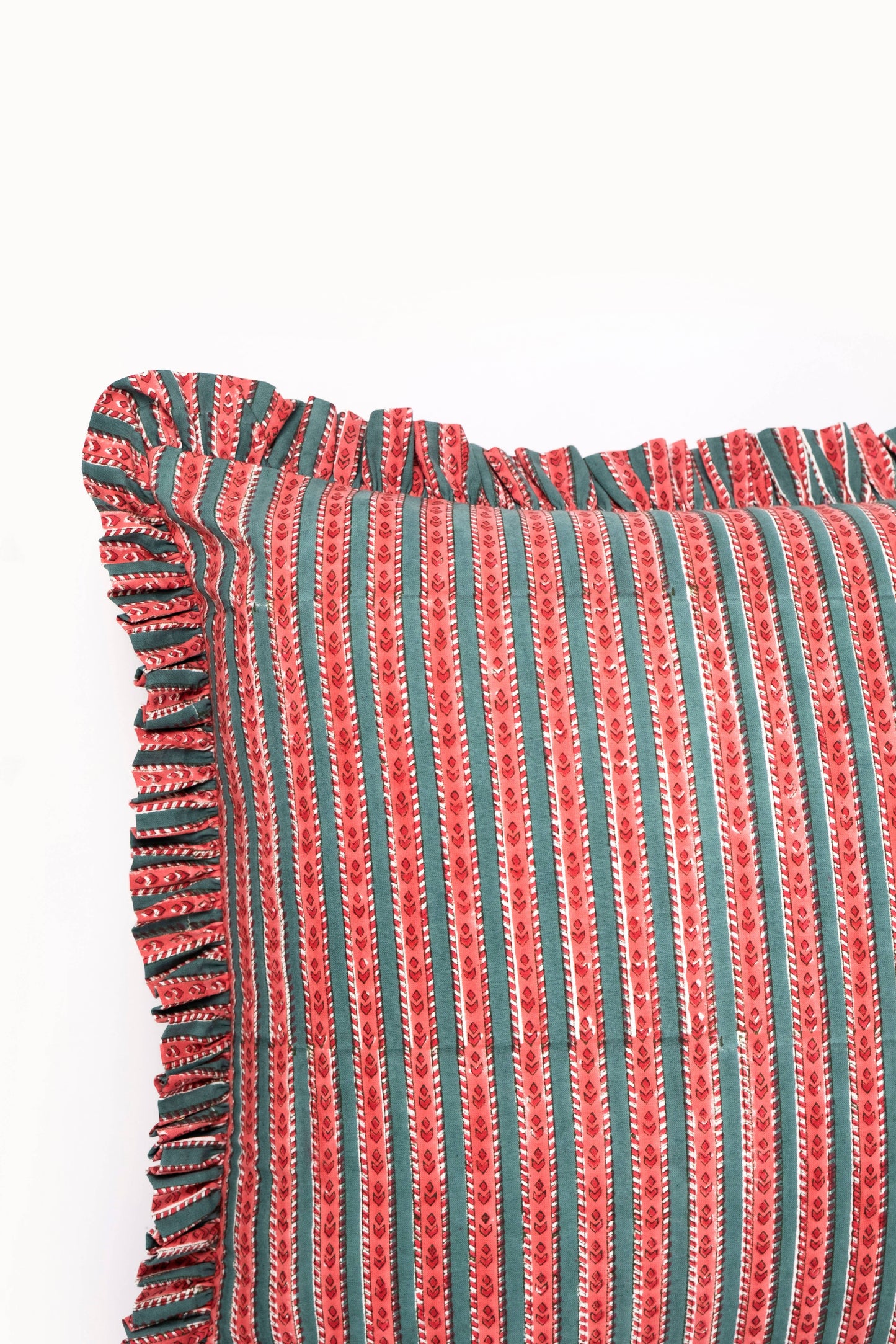 Mulled Spice Holiday Crimson Ruffle Blockprint Pillow Cover