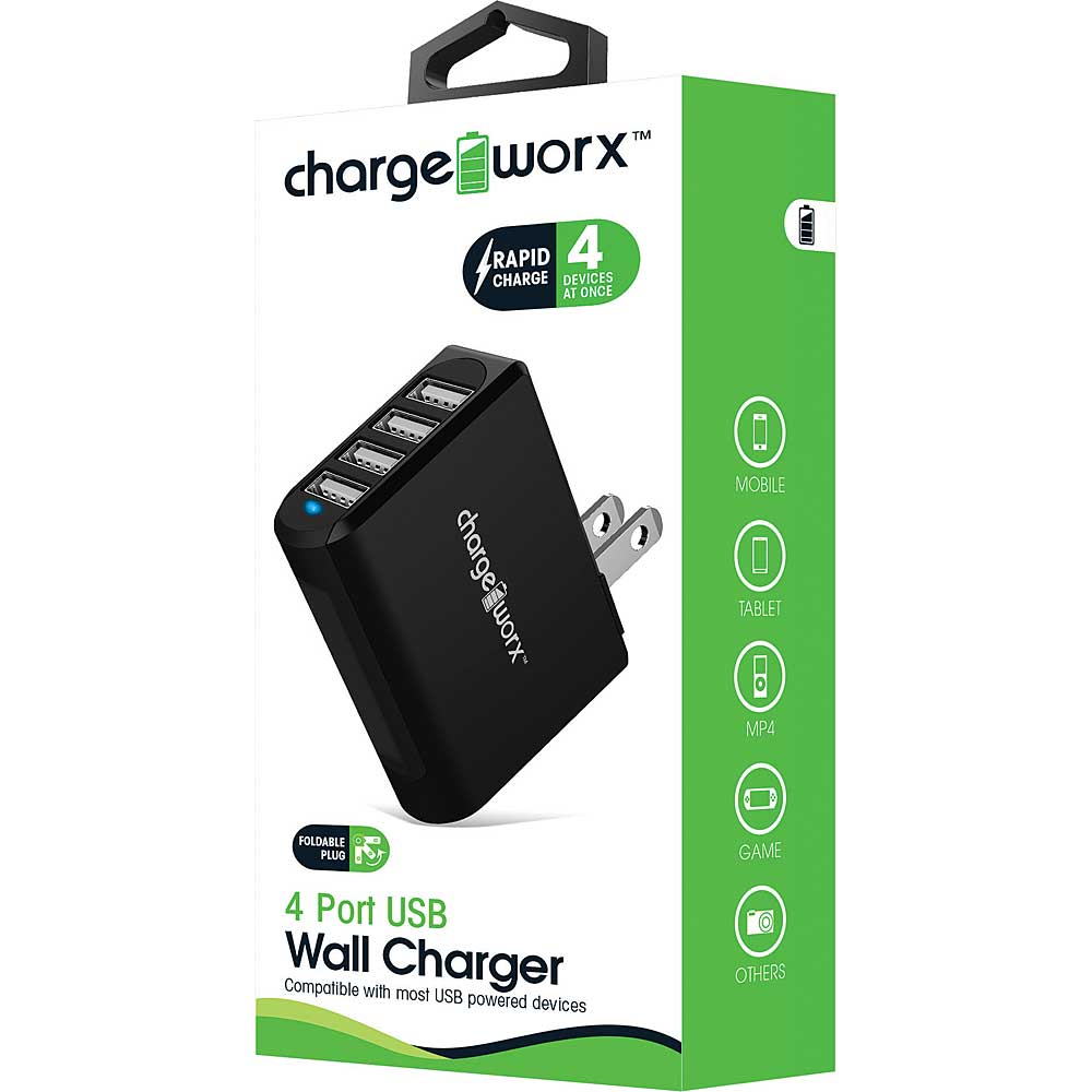 Chargeworx Black 4 Port USB Wall Charger