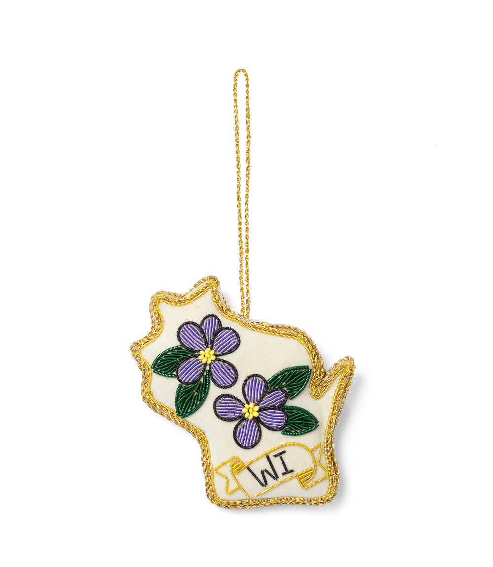 Wisconsin State Violet Beaded Fabric Ornament - Embroidered