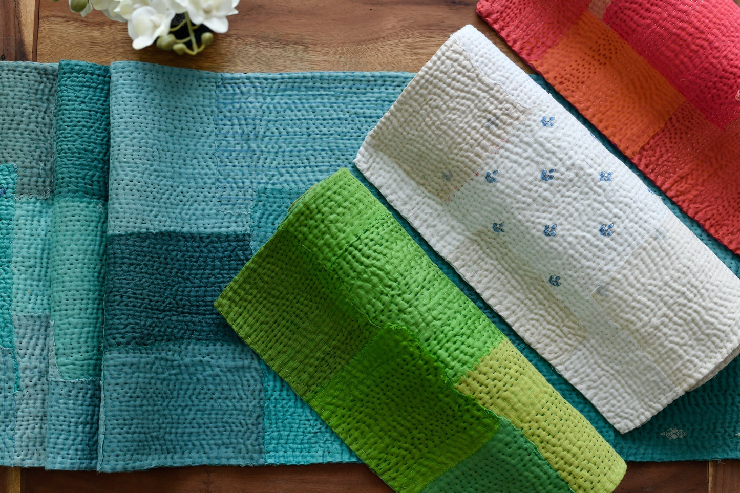 Mosaic Fray Patch Kantha Table Runner - Cauliflower