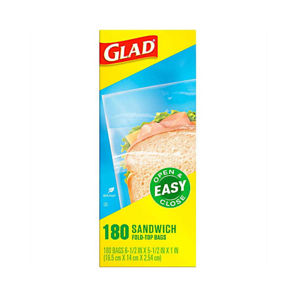 Glad Fold Top Food Storage Plastic Sandwich Bags, 6.5 X 5.5, Clear, 180 Bags/Box, 12 Boxes/Carton CLO60771