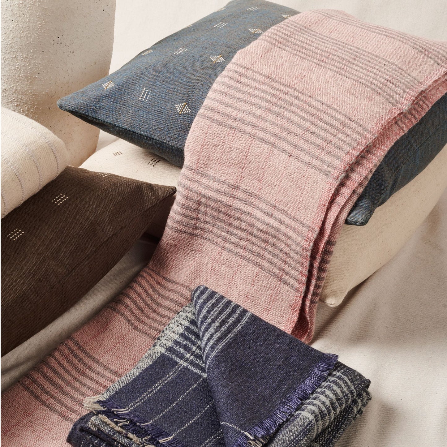 Silica Rose In Shades of Salmon Gray Stripes Pattern Soft Handwoven Merino Throw