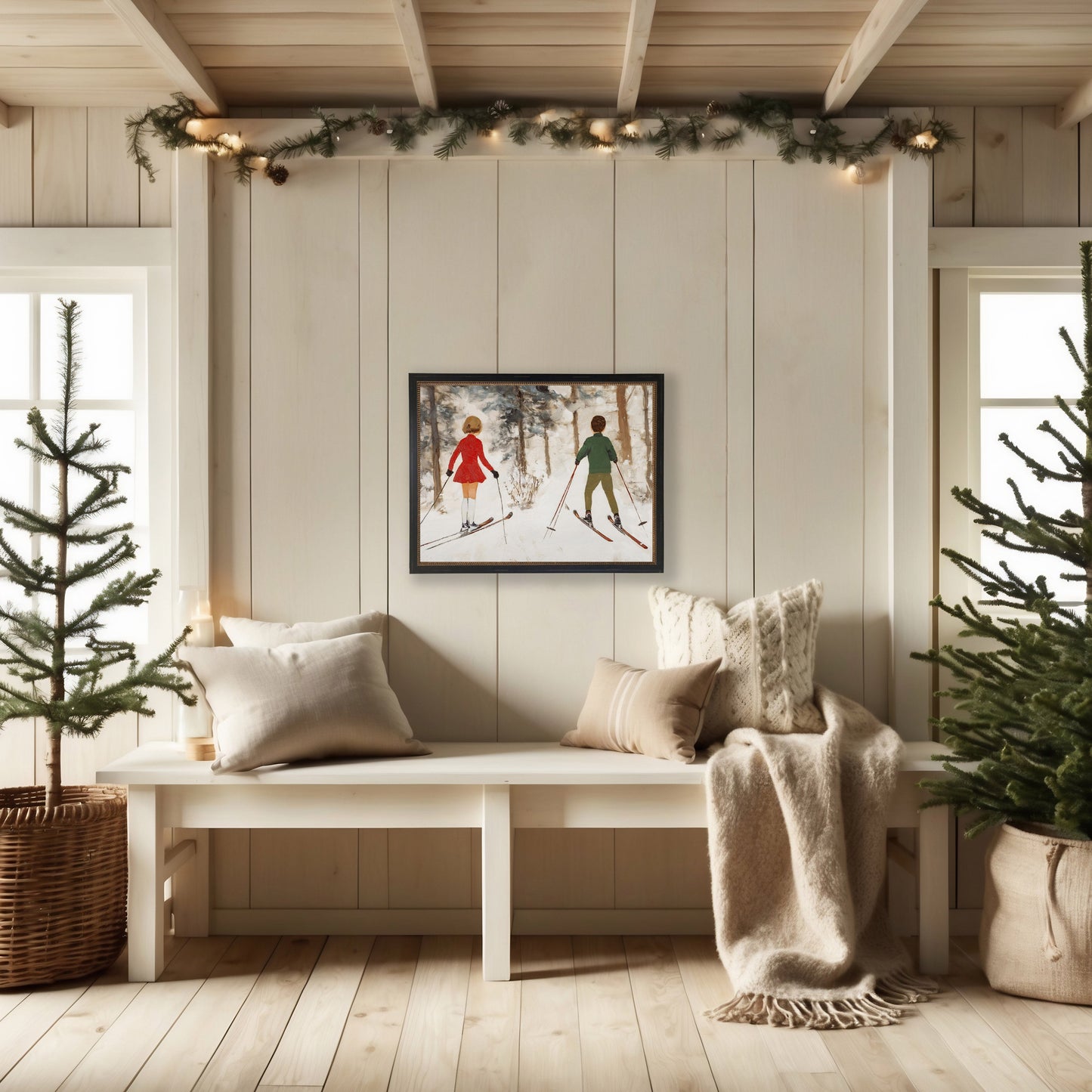 Vintage Oil Painting of Boy and Girl Skiing