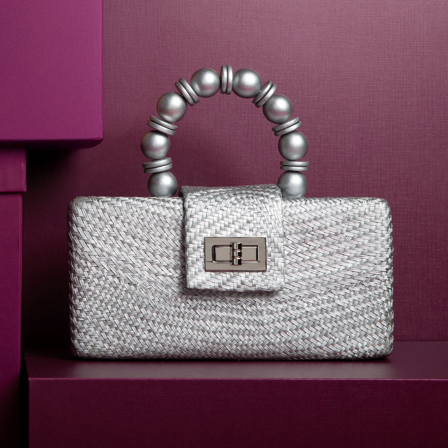 THE SERENA Silver Woven Straw Clutch Bag