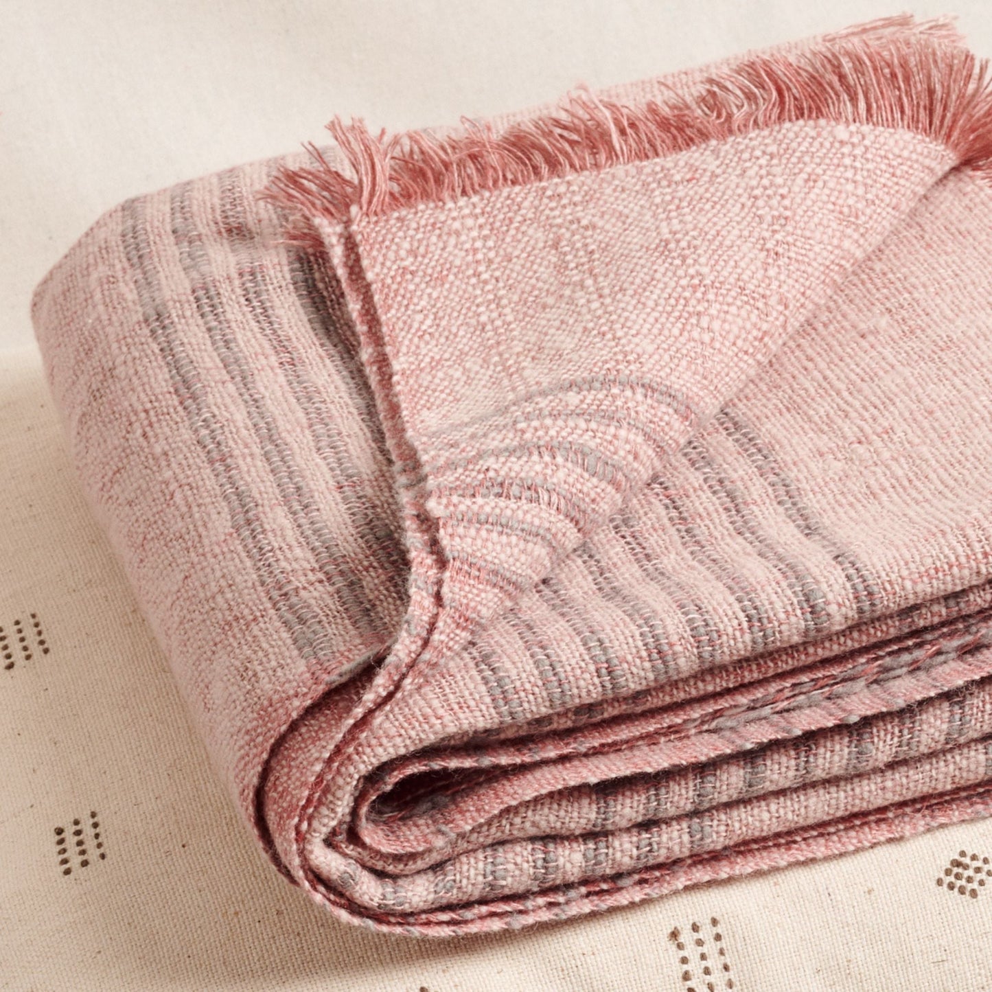 Silica Rose In Shades of Salmon Gray Stripes Pattern Soft Handwoven Merino Throw