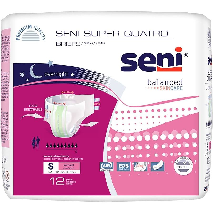 SENI SUPER QUATRO ADULT DIAPERS / BRIEFS (SIZE LARGE, 36 COUNT CASE)