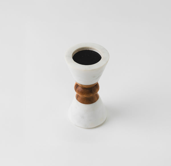 Heirloom Marble & Acacia Candleholder – White