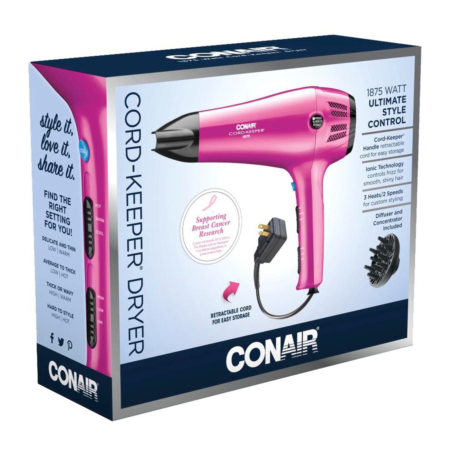Conair 209R Ionic Ceramic Cord Keeper Hair Dryer, Pink, 1875 Watts