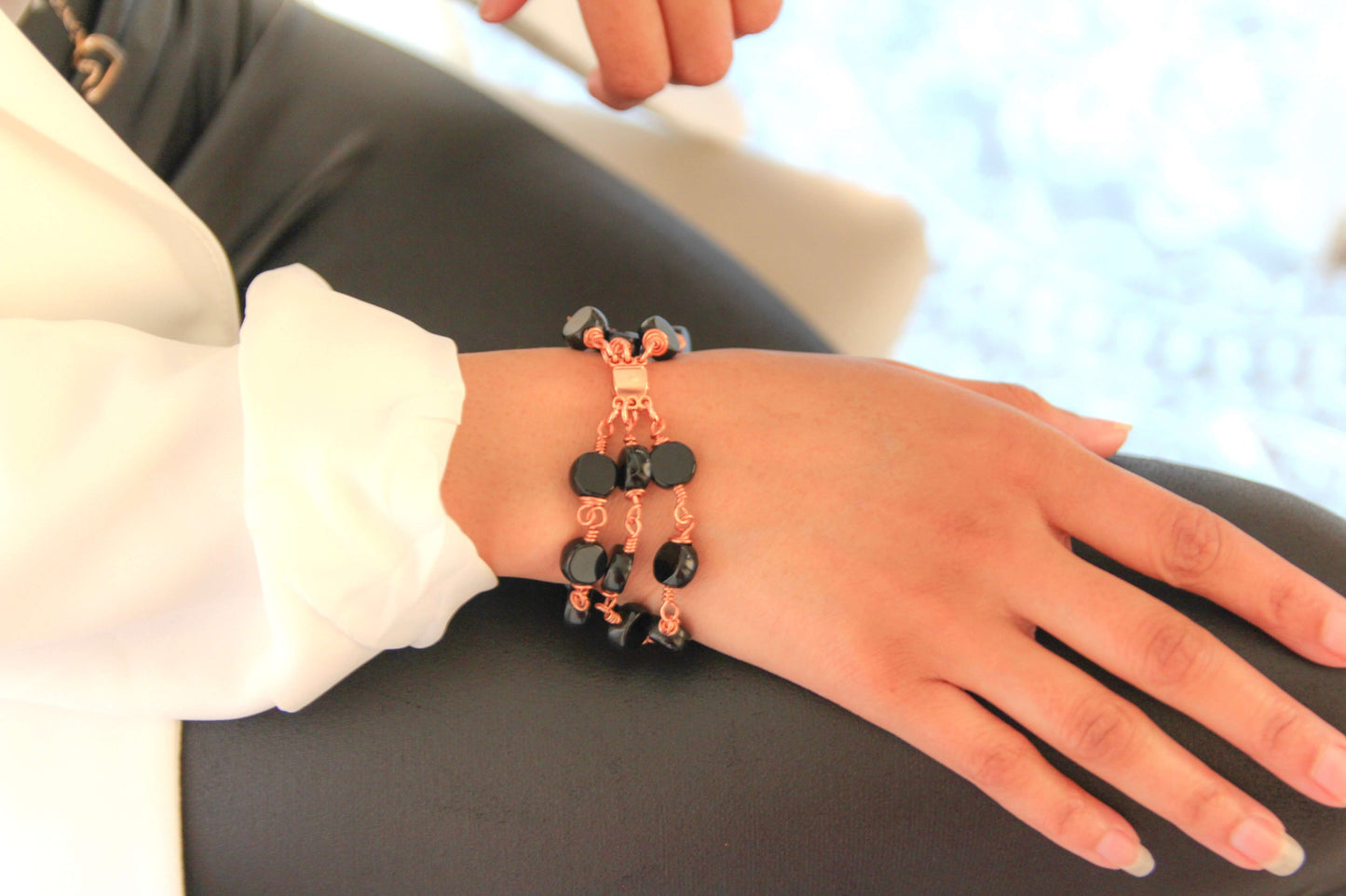 Onyx Black Glass Bead 3-Strand Bracelet | Magnetic Clasp