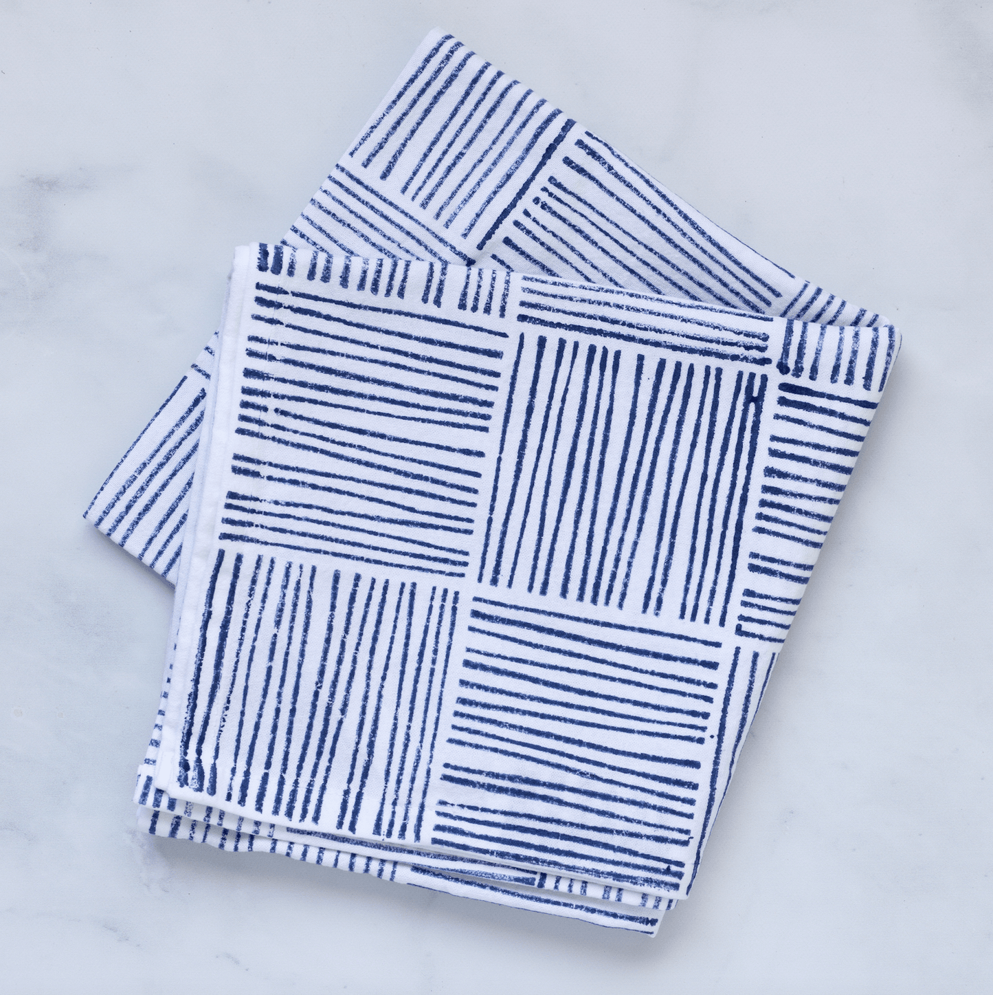 S/2 Tea Towel Set - Lotus & Stripe, Navy