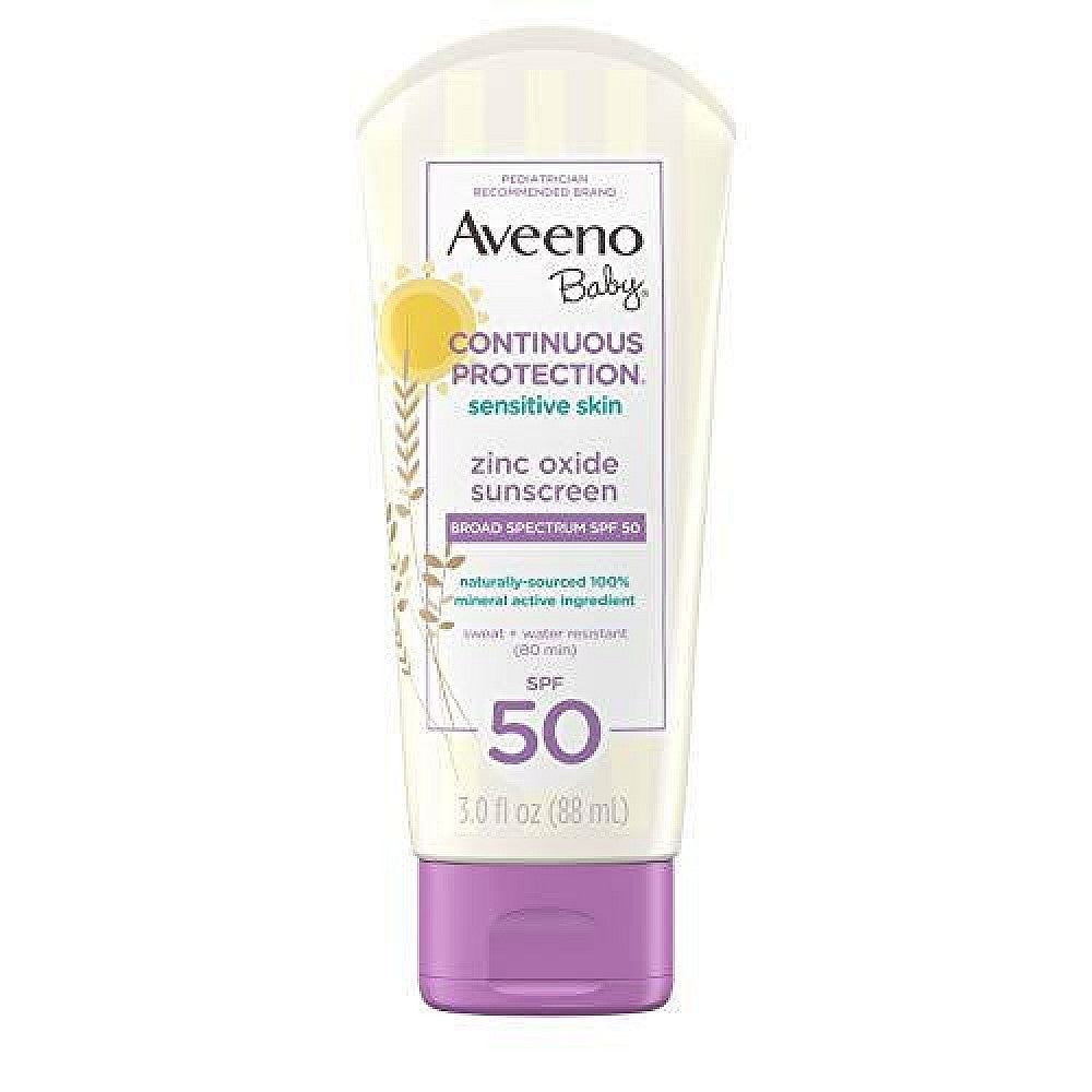 Aveeno Baby Continuous Protection Zinc Oxide Mineral Sunscreen Lotion For Sensitive Skin, Broad Spectrum SPF 50, Tear-Free, Sweat- & Water-Resistant, Paraben-Free, Travel-Size, 3 Fl. Oz