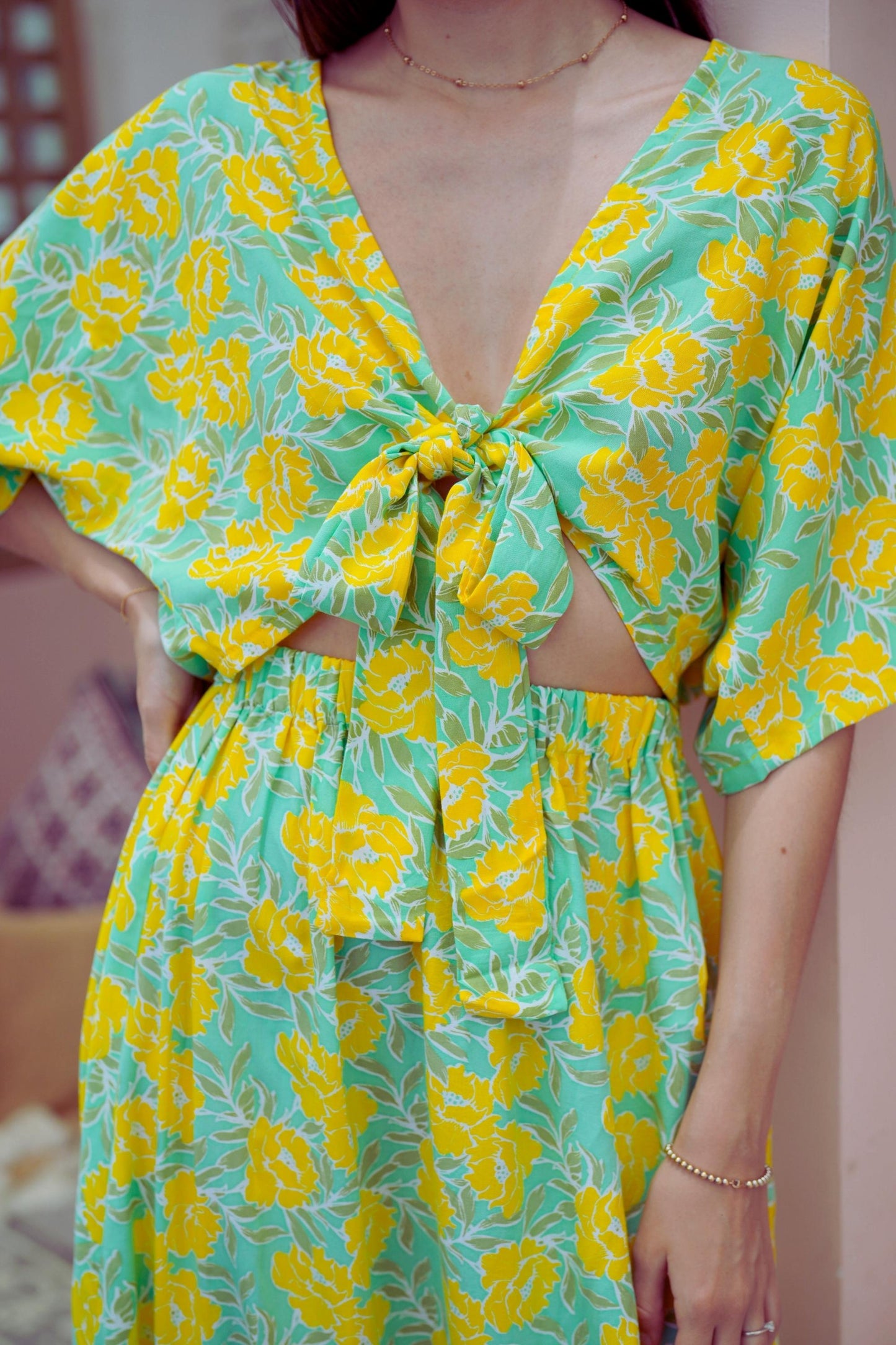 Aubrey Floral Wrap Top and Midi Skirt Matching Set in Yellow Garden