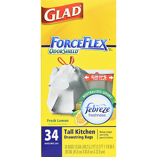 Glad ForceFlex Odor Shield Tall Kitchen Bags, Drawstring, Fresh Lemon, 13 Gal