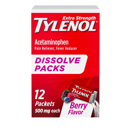 Tylenol Extra Strength Dissolve Packs, 500 Mg Acetaminophen Pain Reliever & Fever Reducer, On-the-Go Powder Packets For Minor Aches & Pains, Ibuprofen- & Aspirin-Free, Berry Flavor