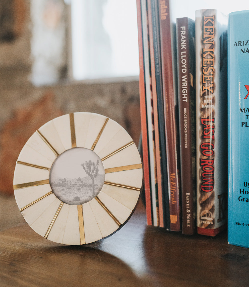 Mukhendu 3x3 Round Picture Frame - Carved Bone, Brass Accents - Osadia Concept Store