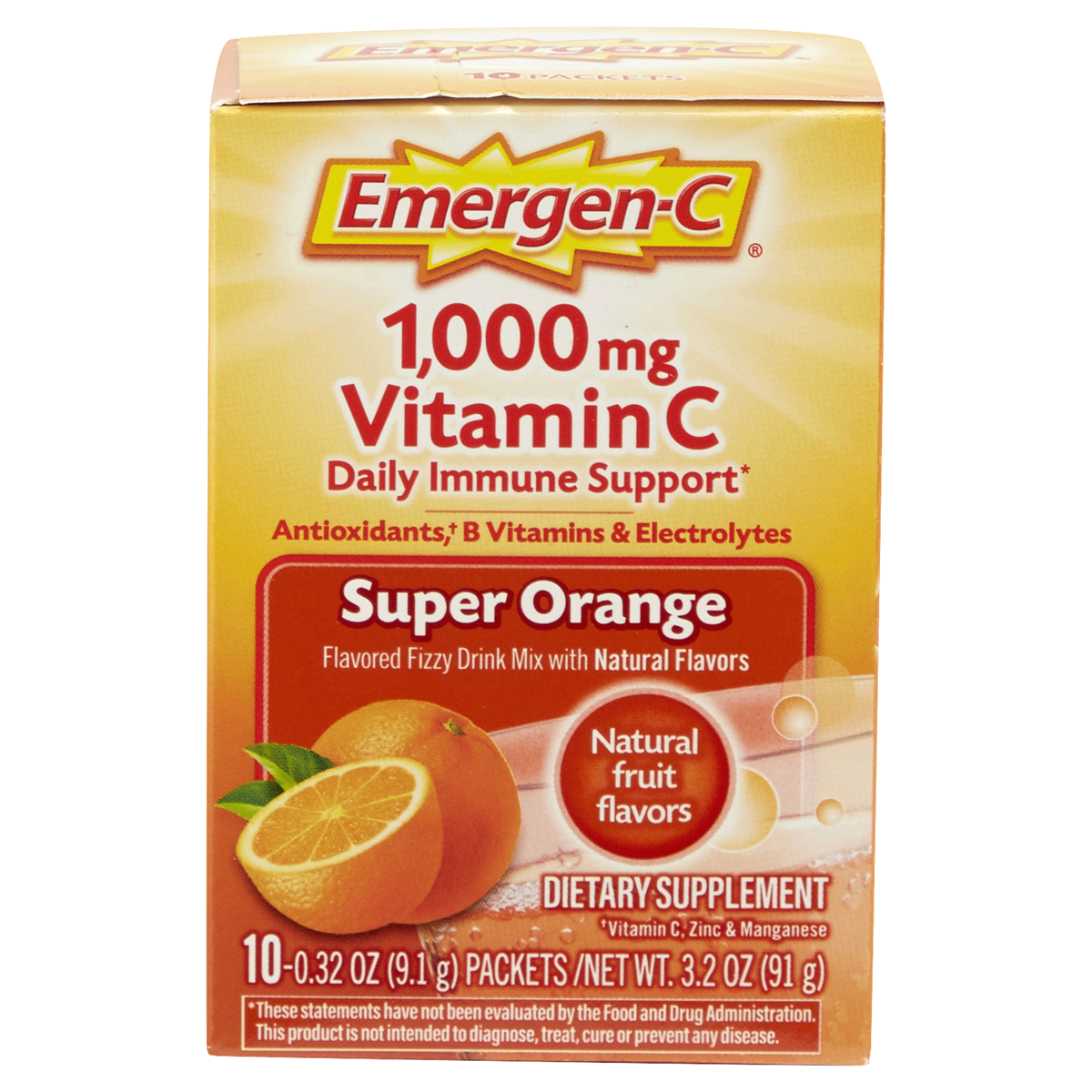 Emergen-C 1000 Mg Vitamin Powder Fizzy Drink Mix, Super Orange, 10 Ct, W/ Antioxidants, B Vitamins & Electrolytes For Immune Support, Caffeine Free