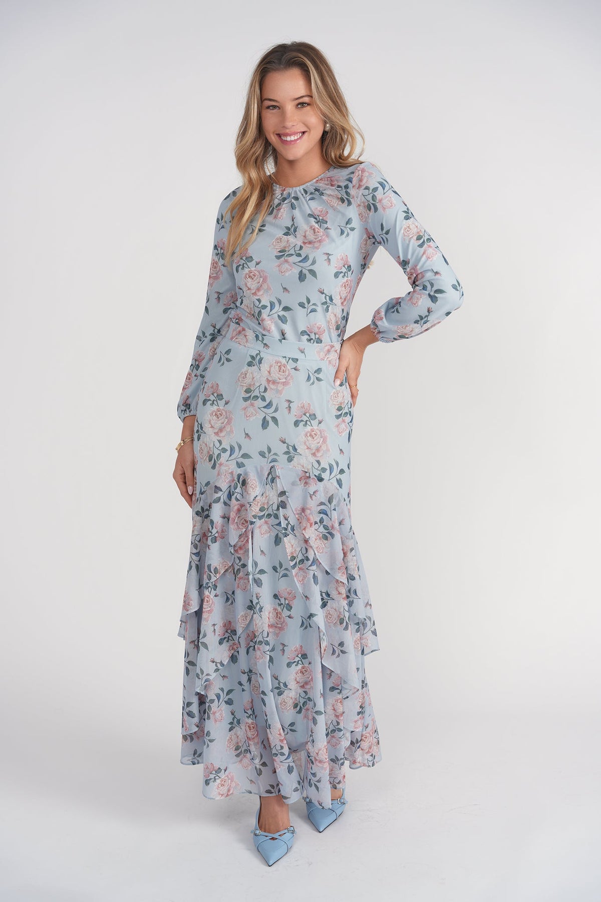 Debbie Top- Blue and Pink Floral
