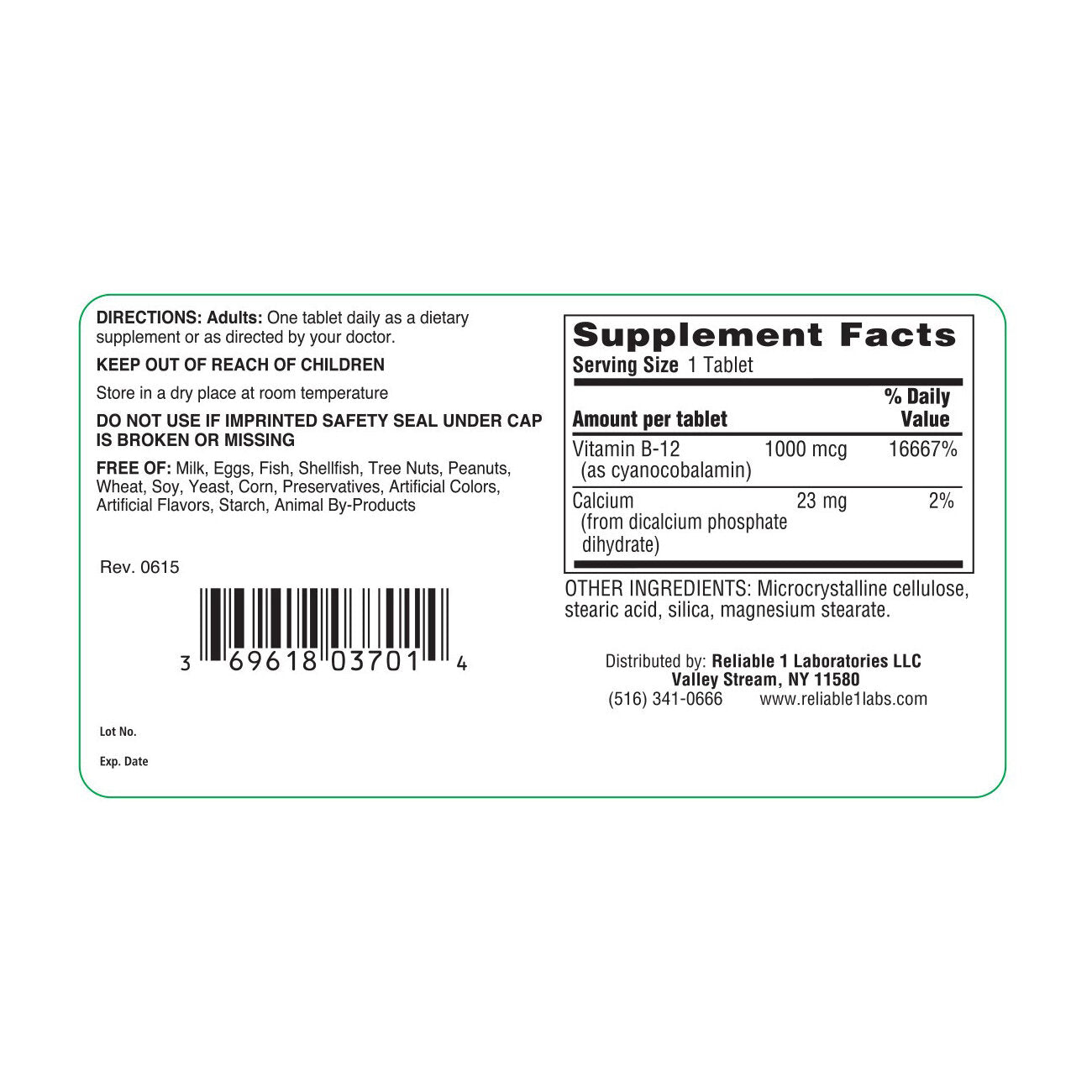 Reliable-1 Laboratories Vitamin B-12 1000 Mcg 100 Tablets