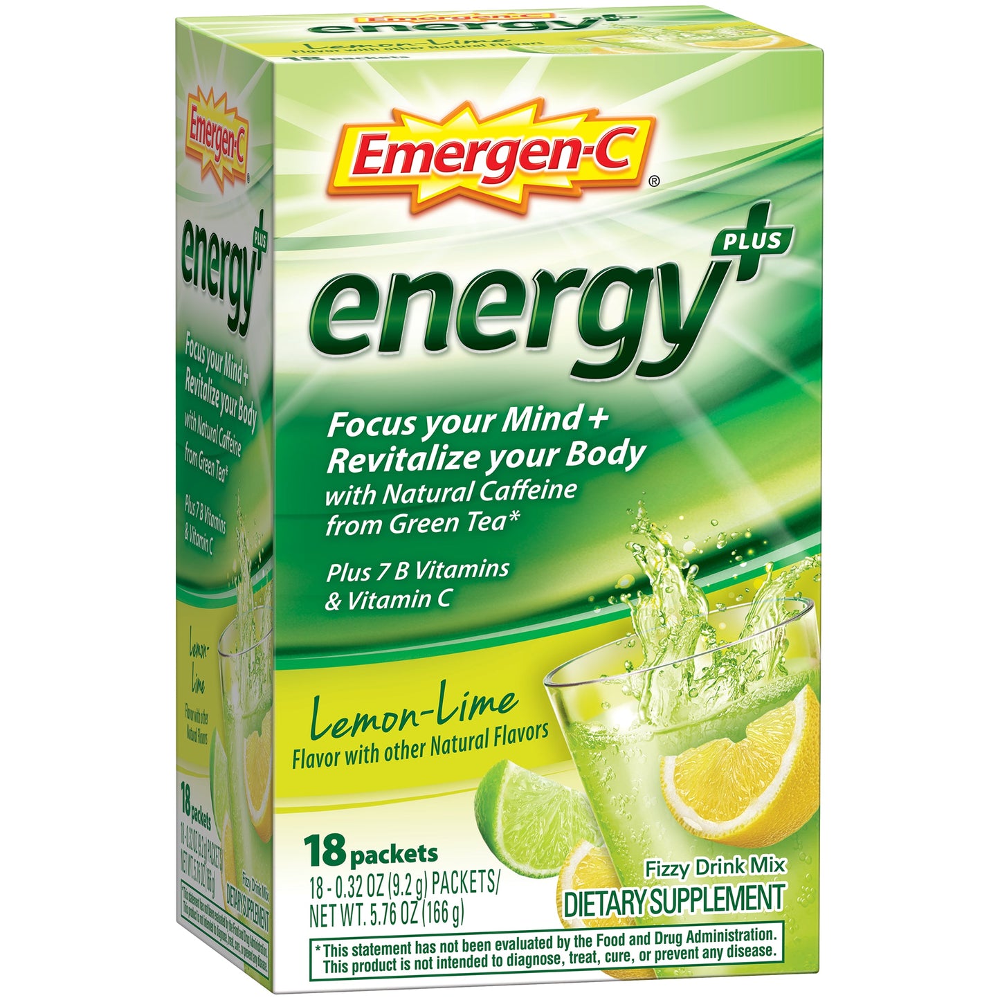 Emergen-C Energy+ (18 Count, Lemon-Lime Flavor) Dietary Supplement Drink Mix With Caffeine, 0.32 Ounce Packets