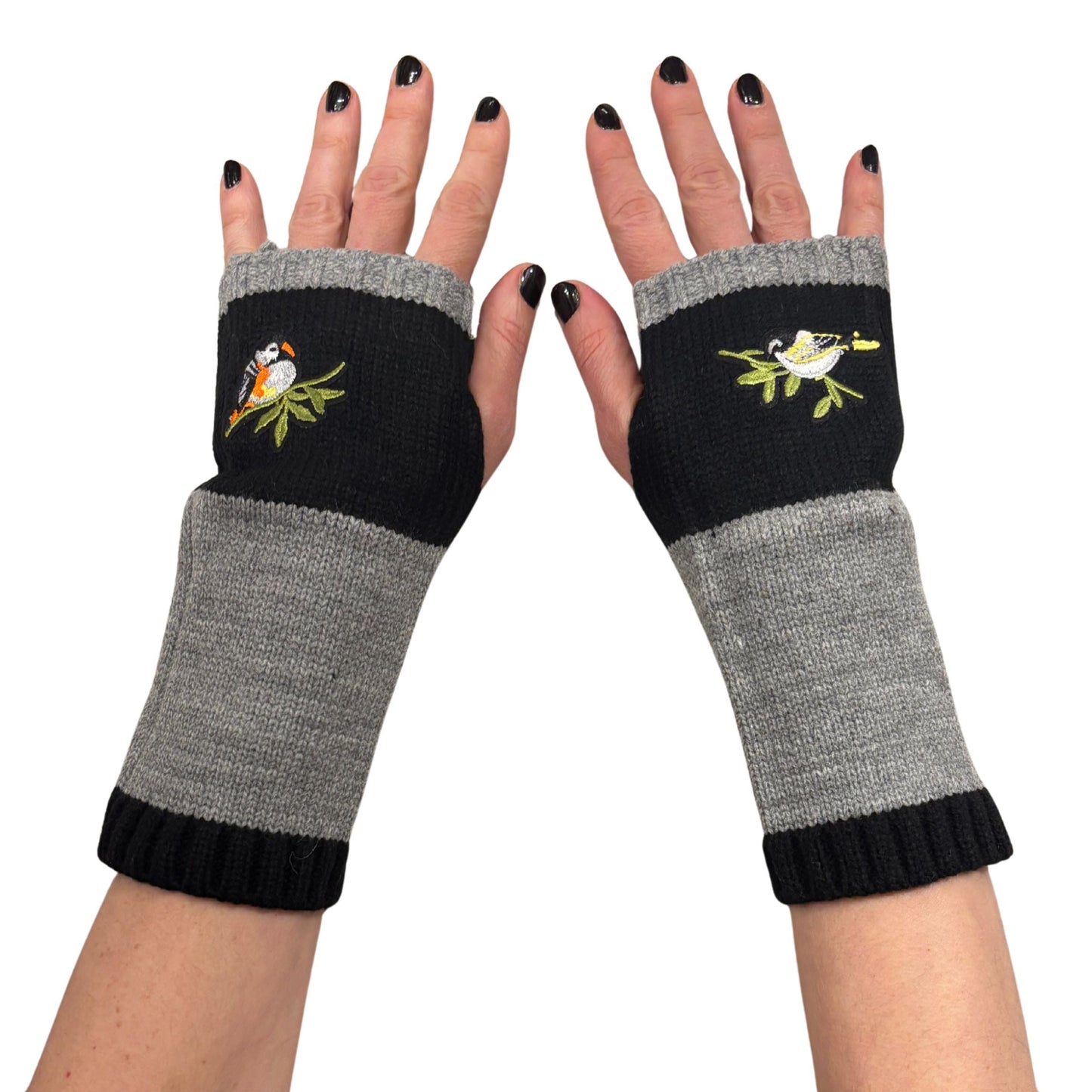 Bird Applique Arm Warmers | Fingerless Gloves in Black, Pink, or Green