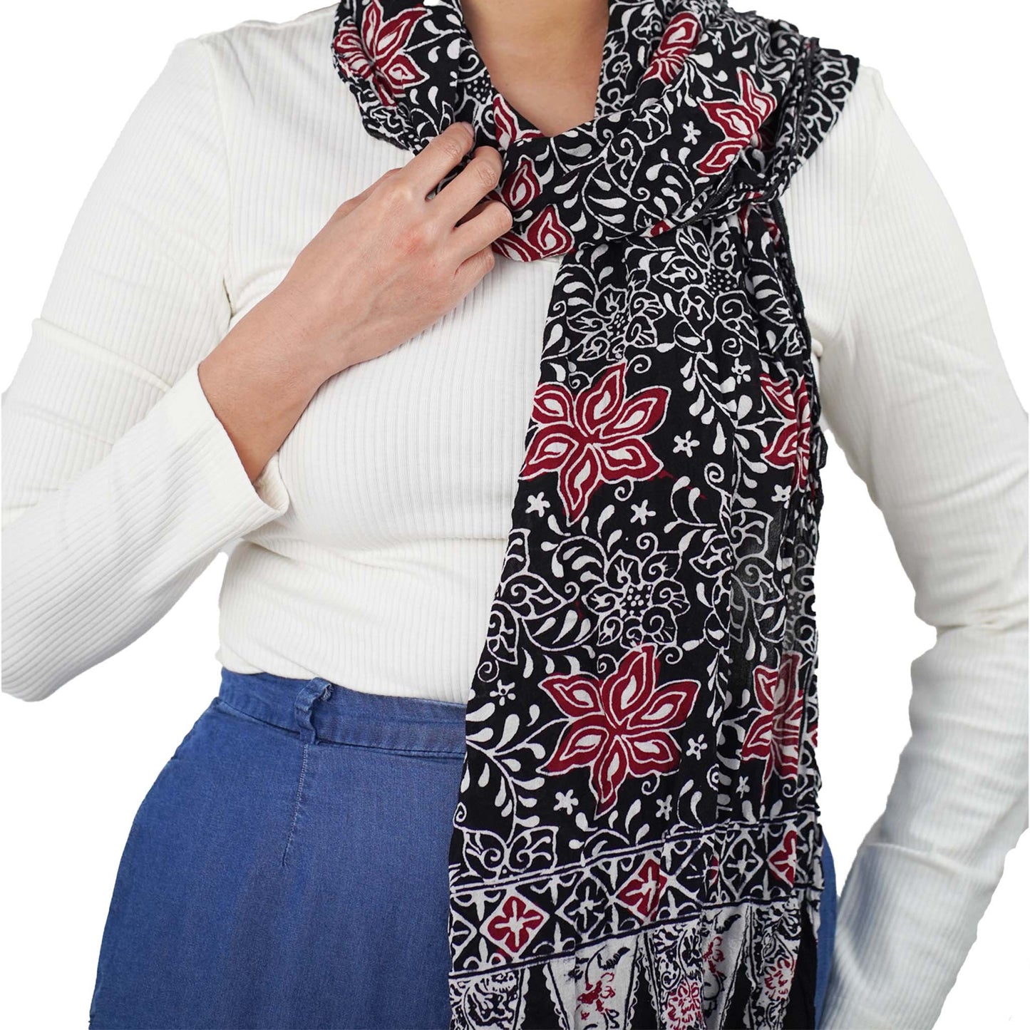 Hand Dyed Batik Scarf, 100% Cotton Fabric, Black Red Floral Star - Osadia Concept Store