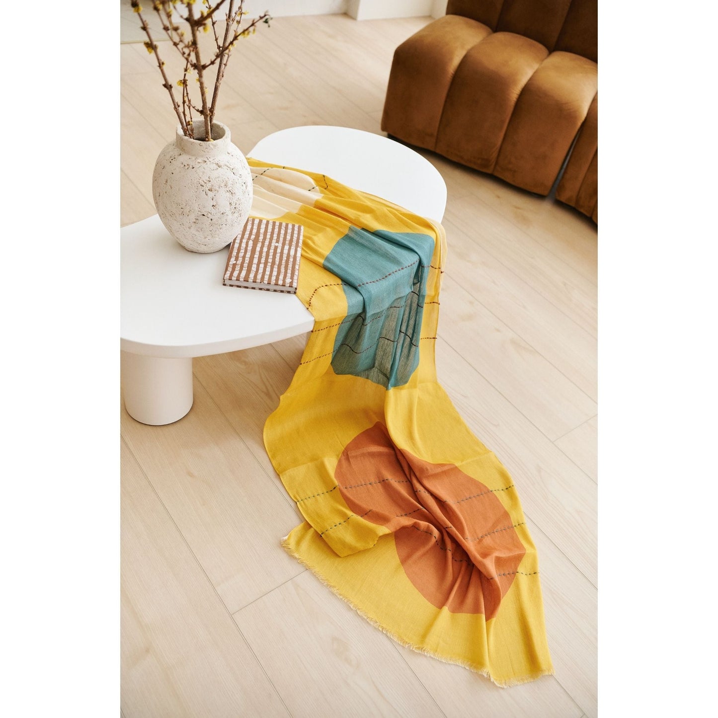 Cirq Sun Yellow Green Circle Pattern Hand Embroidered Linen Silk Handloom Scarf