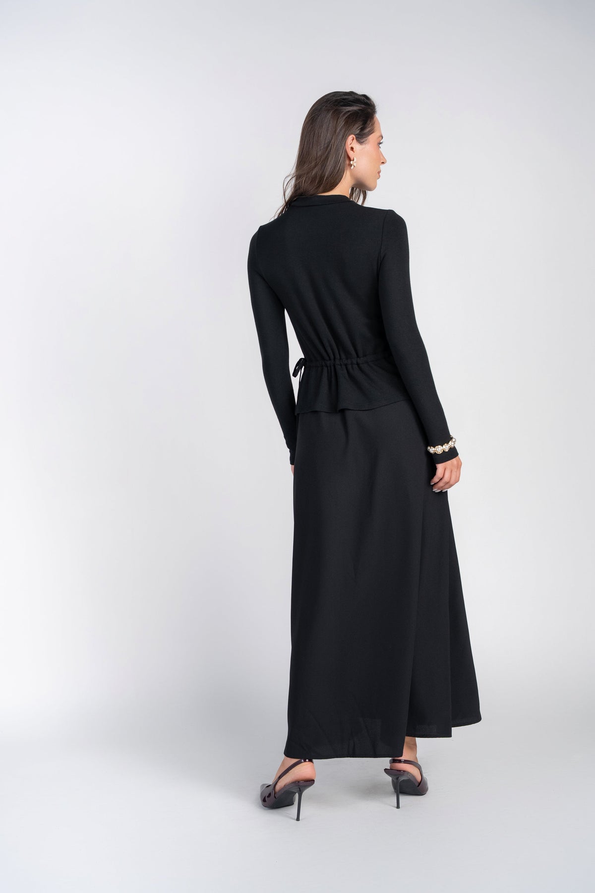 Mix Media Dress with Side Pulls- Black