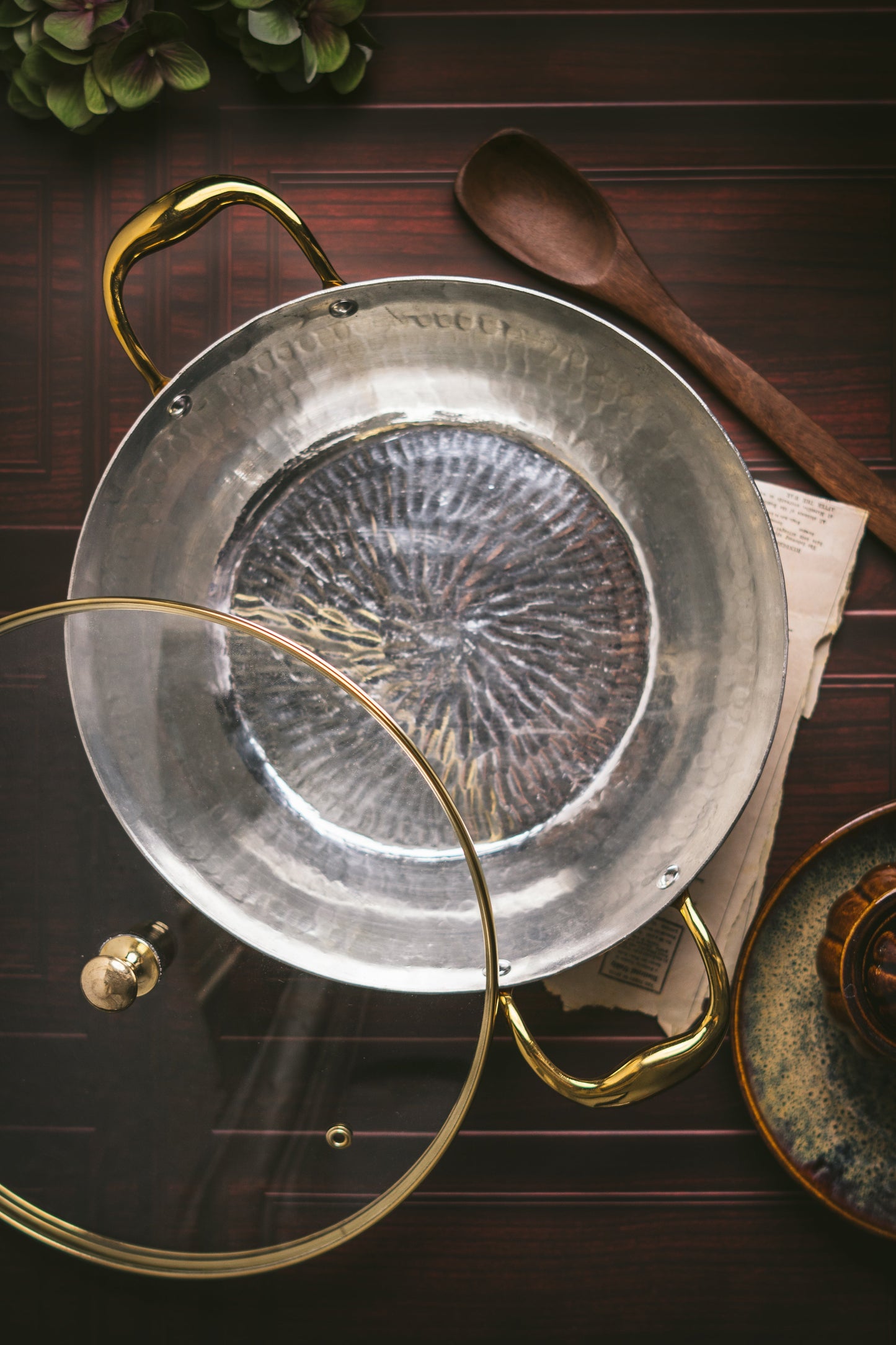 Brass Flat Base Wok with Glass lid - Kadhai (Deep & flat bottom cooking/serving utensil - karahi)