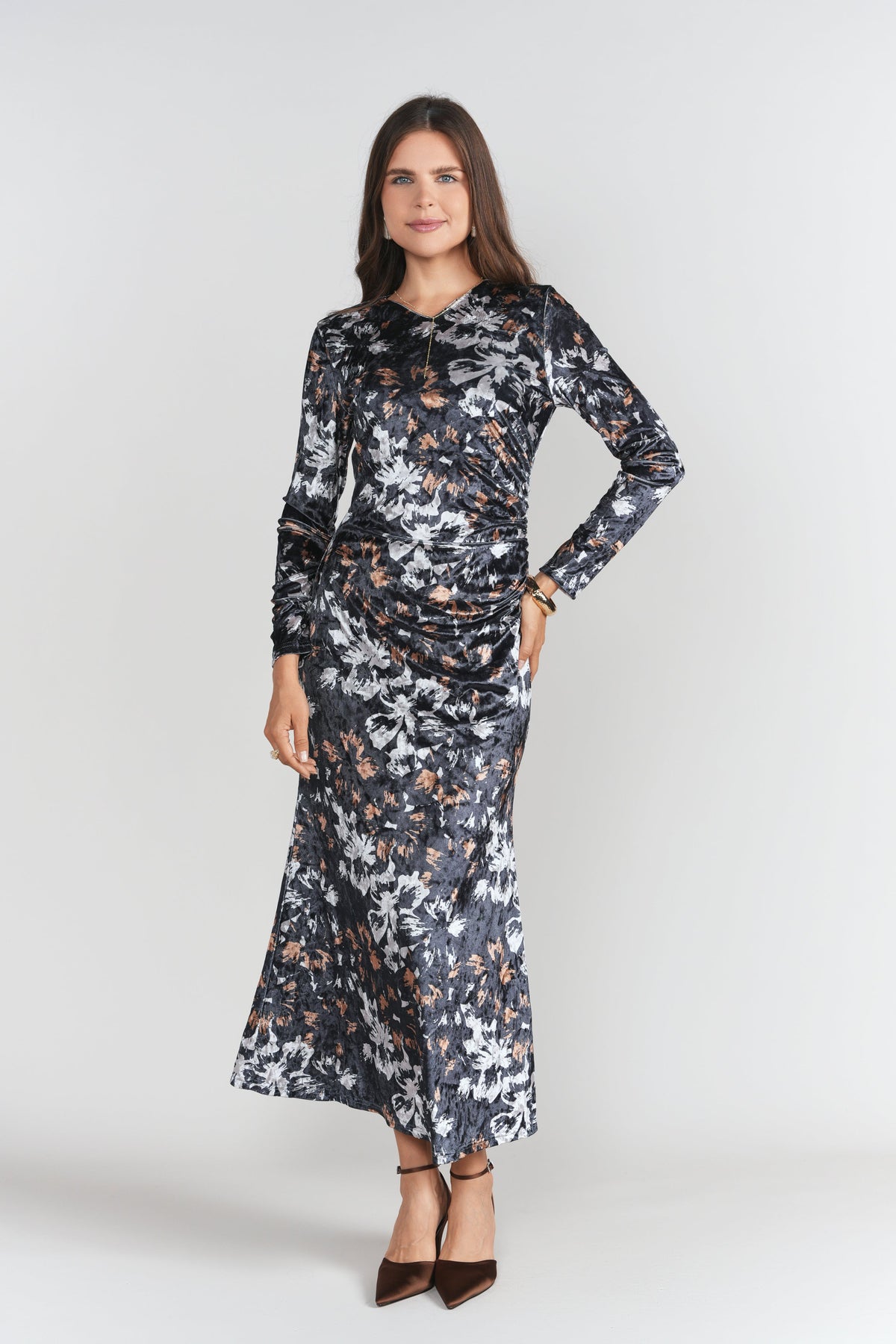 Side Ruched Velvet Dress- Brown and Black Floral