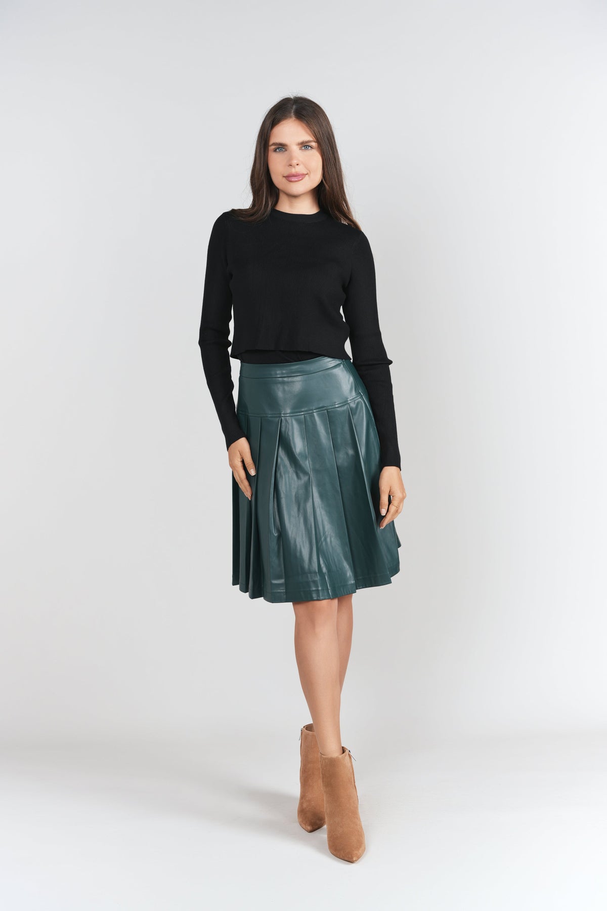 Drop Waist Leather Pleated Skirt- Pine