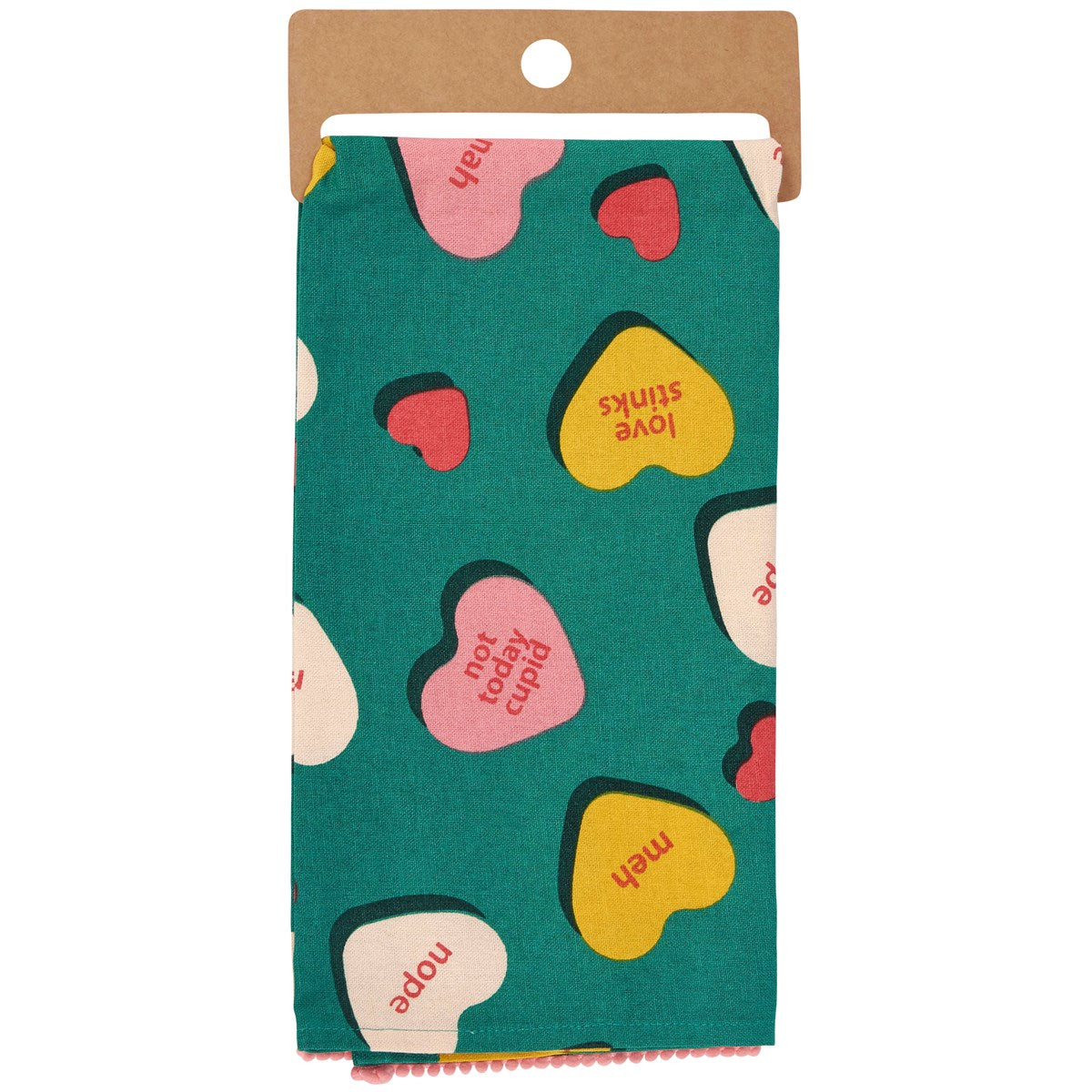 Anti-Valentine Kitchen Towel with Pompom Trim | Not Today Cupid Hand Tea Dish Cloth | 20" x 26"
