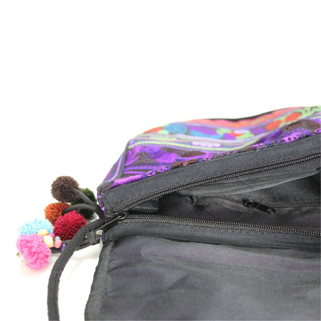 Embroidered Birds Hmong Style Purple Pompom Crossbody Bag - Thailand