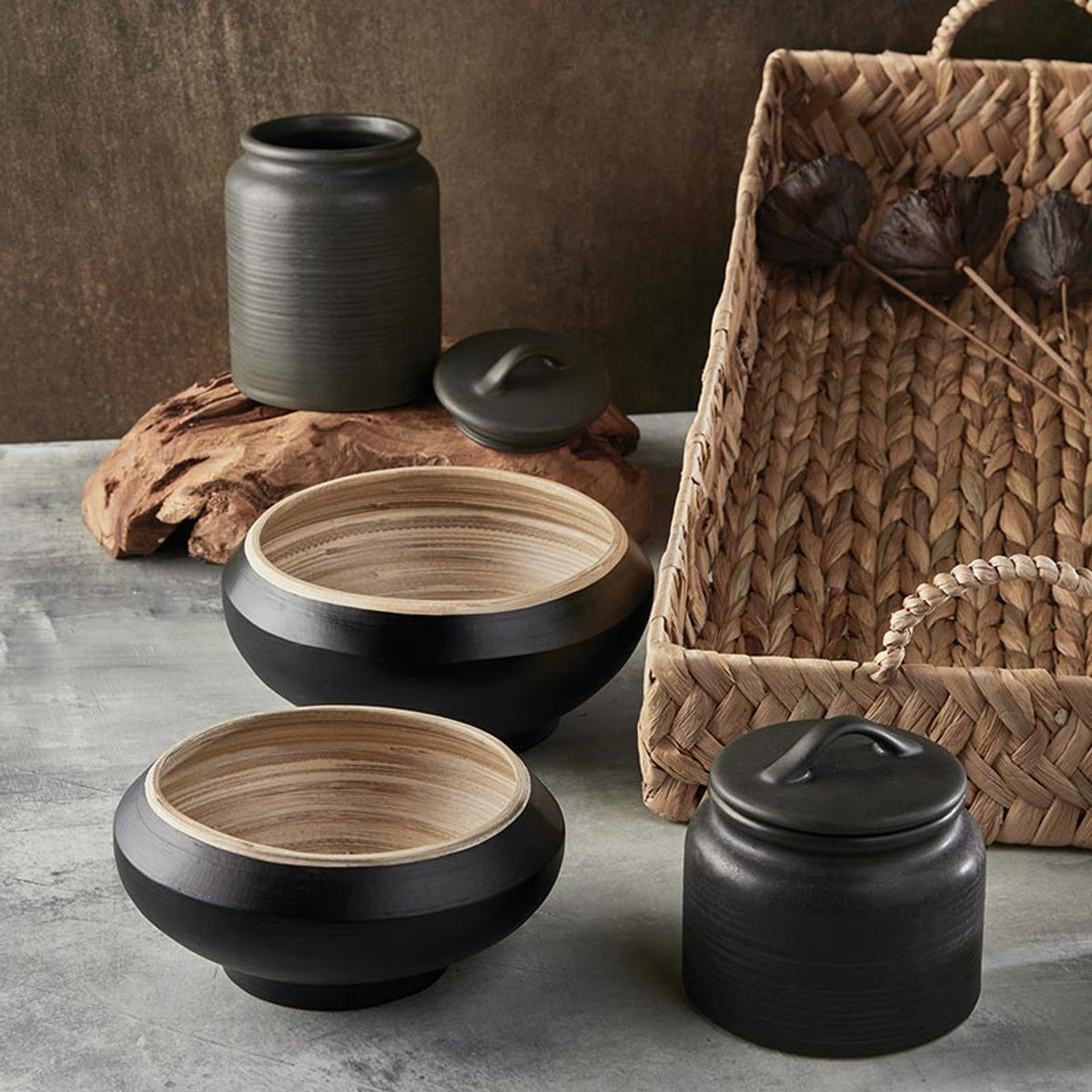 Black Bamboo Large Bowl | Serving Dish in Black/Tan | 8" x 3.5"