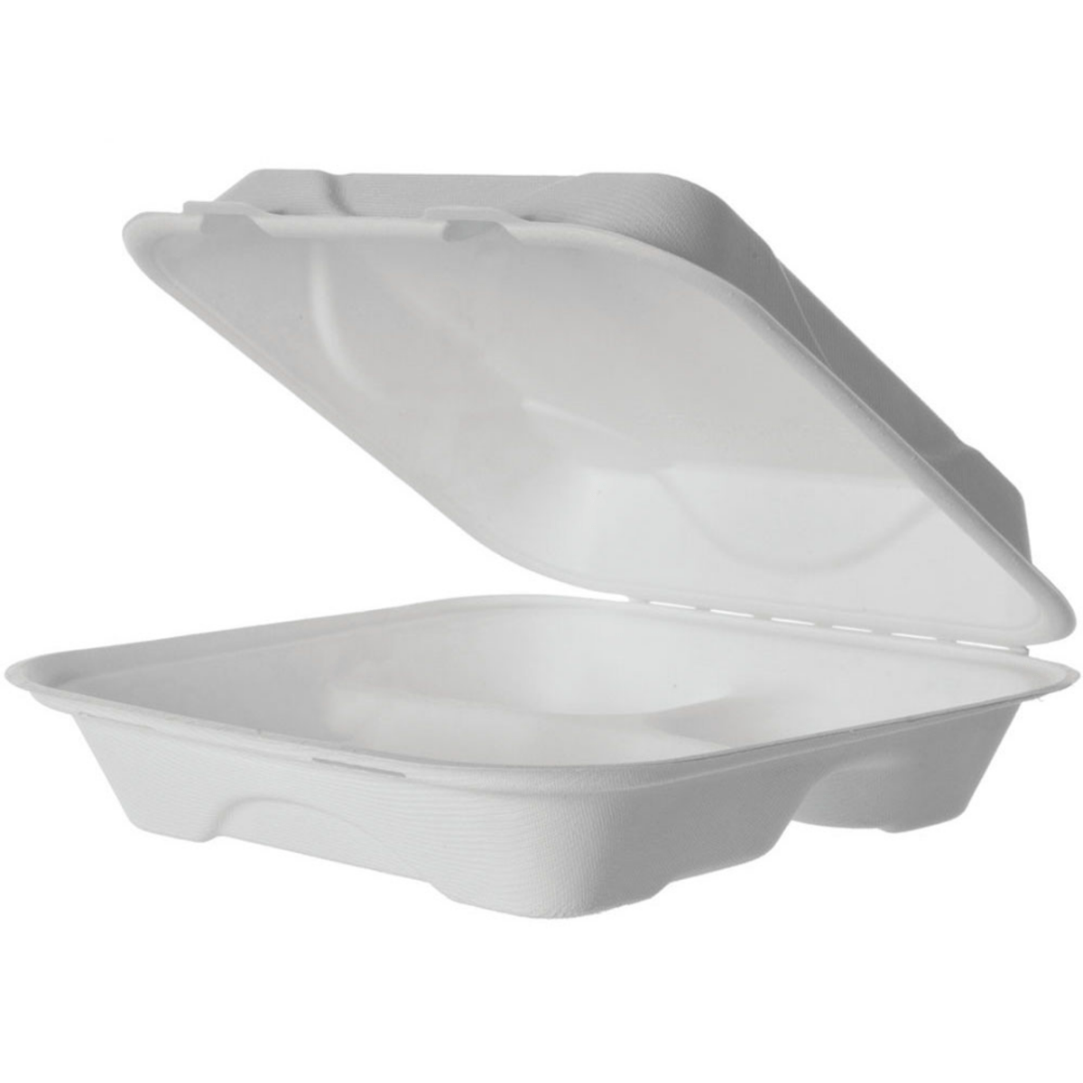 Eco-Products Vanguard Renewable & Compostable Sugarcane Clamshell, 3-Compartment, 9in x 9in x 3in (QTY 200), SKU EP-HC93NFA