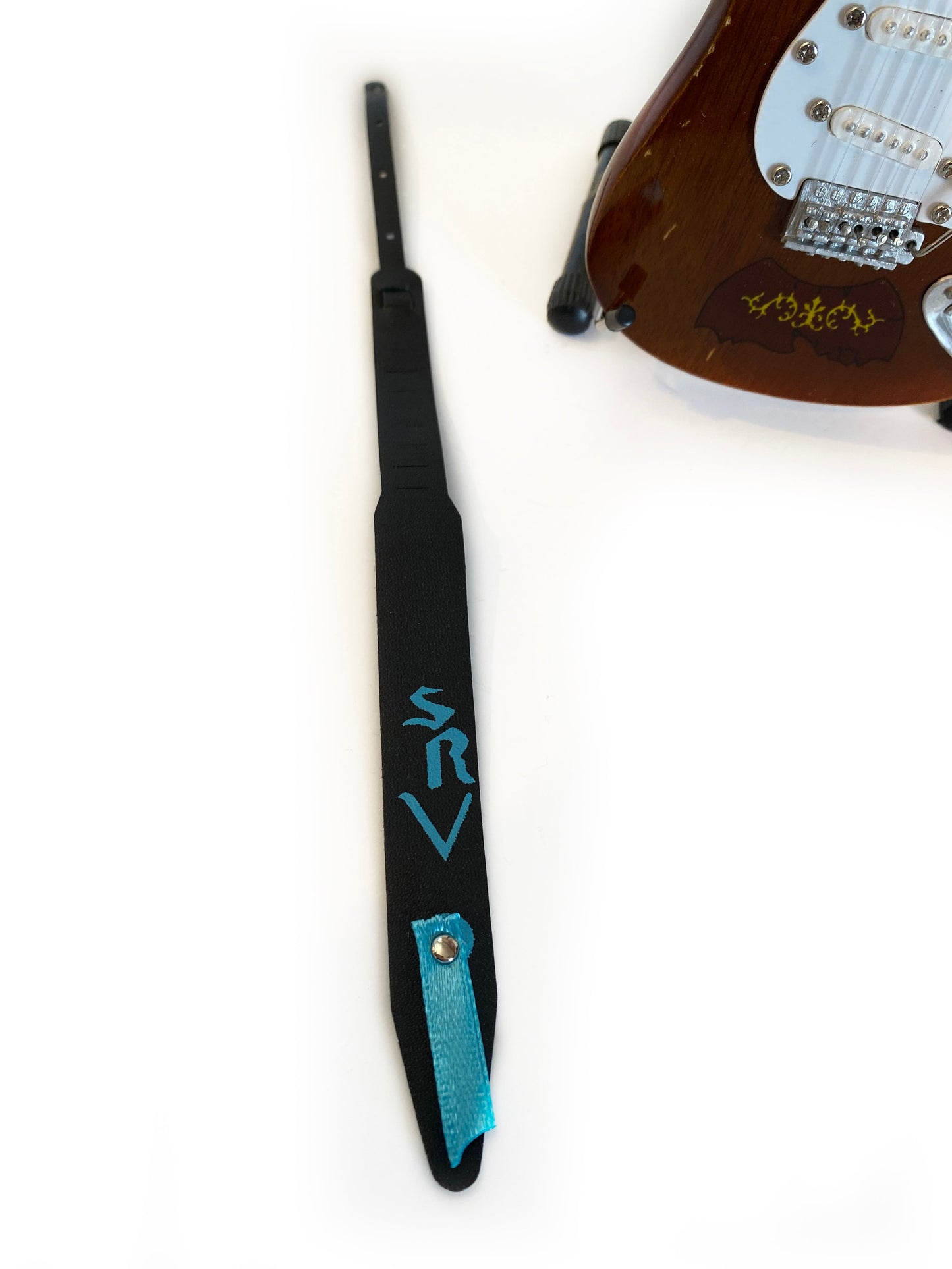 Stevie Ray Vaughan Mini Guitar Strap - Aqua Blue SRV Black Strap - AXE HEAVEN® - Osadia Concept Store