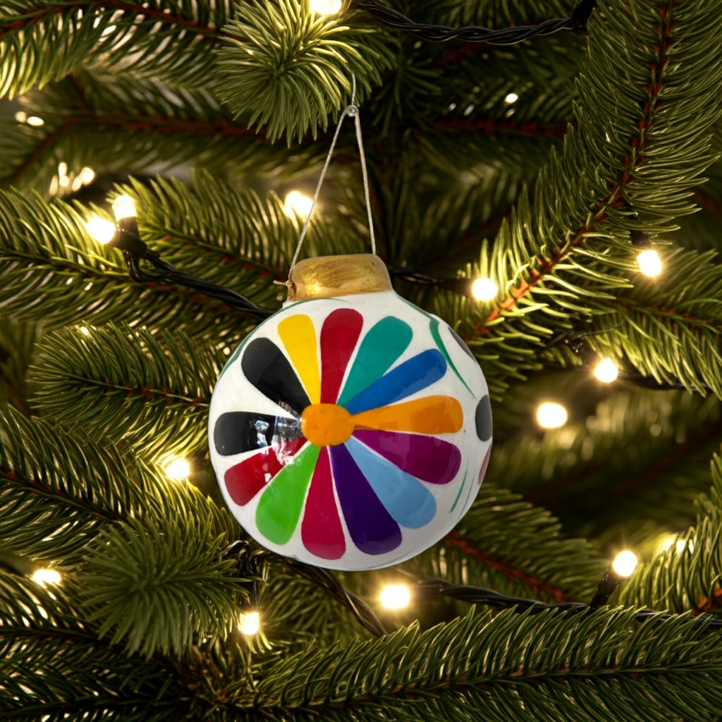 Hand-Painted Ceramic Colorful Sphere Boho Flower Ornament - Mexico
