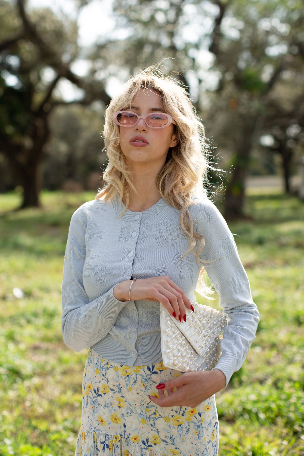 Floral Open Stitch Cardigan- Sky Blue